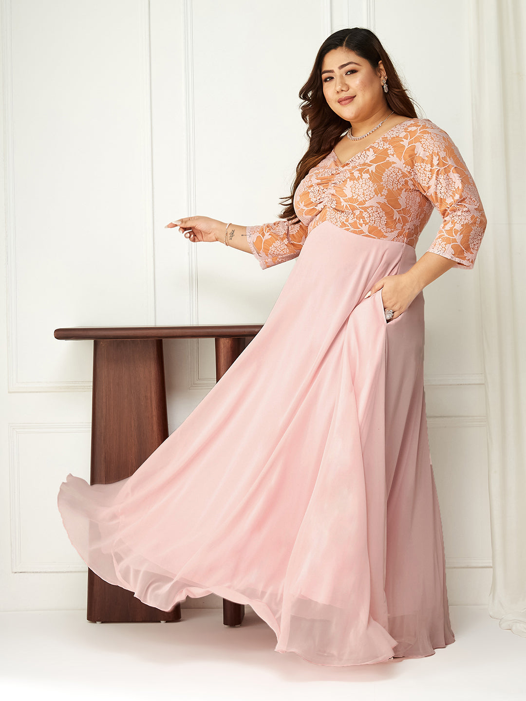 Women's Dusty Pink V-Neck Raglan-Sleeve Self-Designed Empire-Styled Georgette Maxi Dress