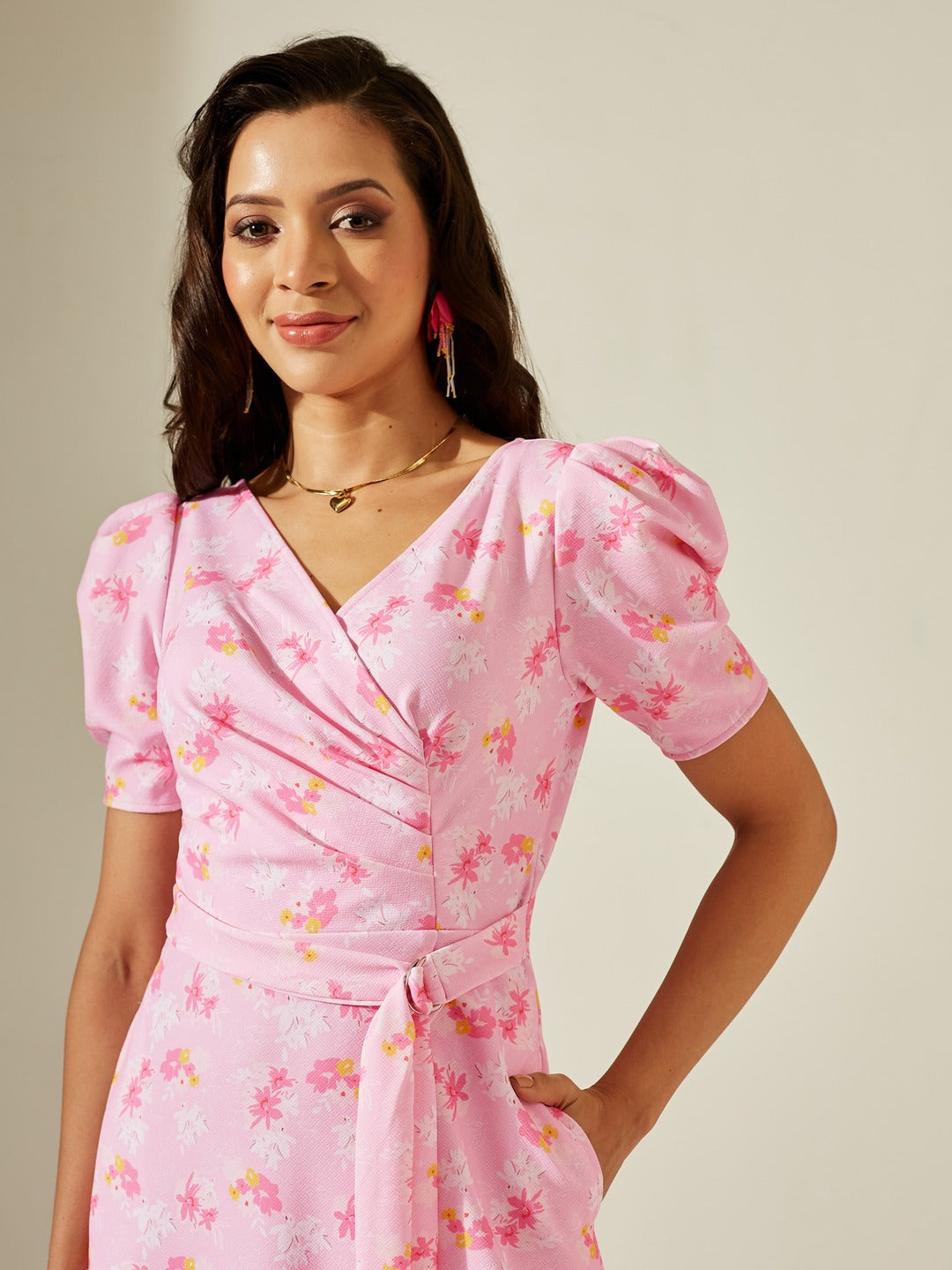 Pink V-neck Puff Sleeve Floral Wrap Midi Dress for Women