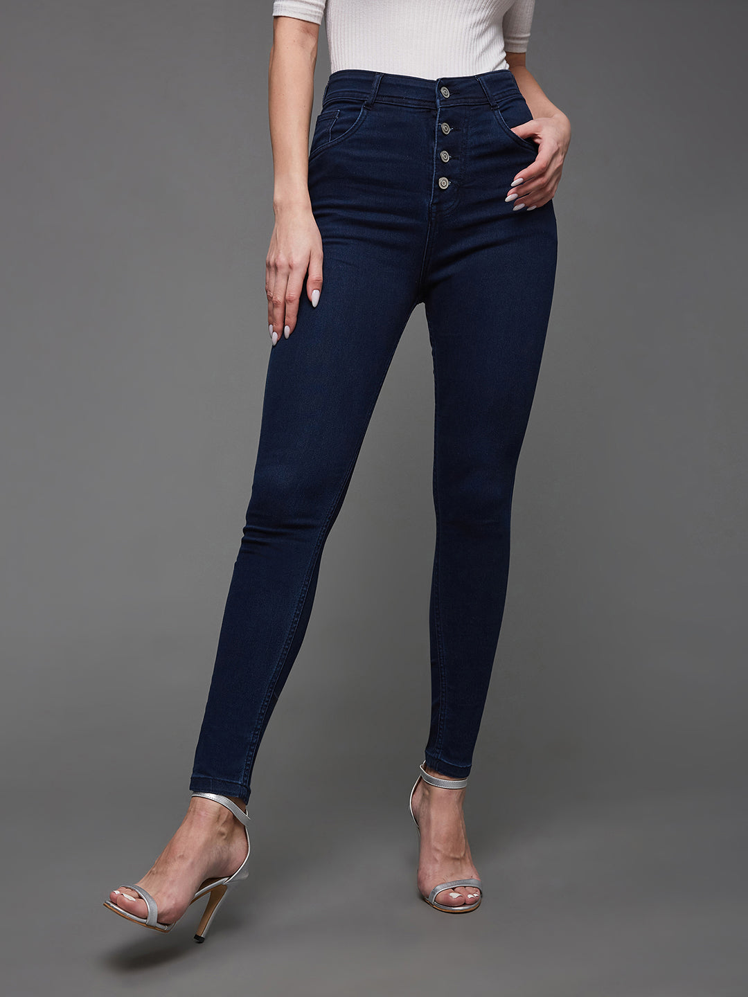 Women's Navy Blue Skinny Fit High Rise Regular Length Clean Look Stretchable Denim Jeans