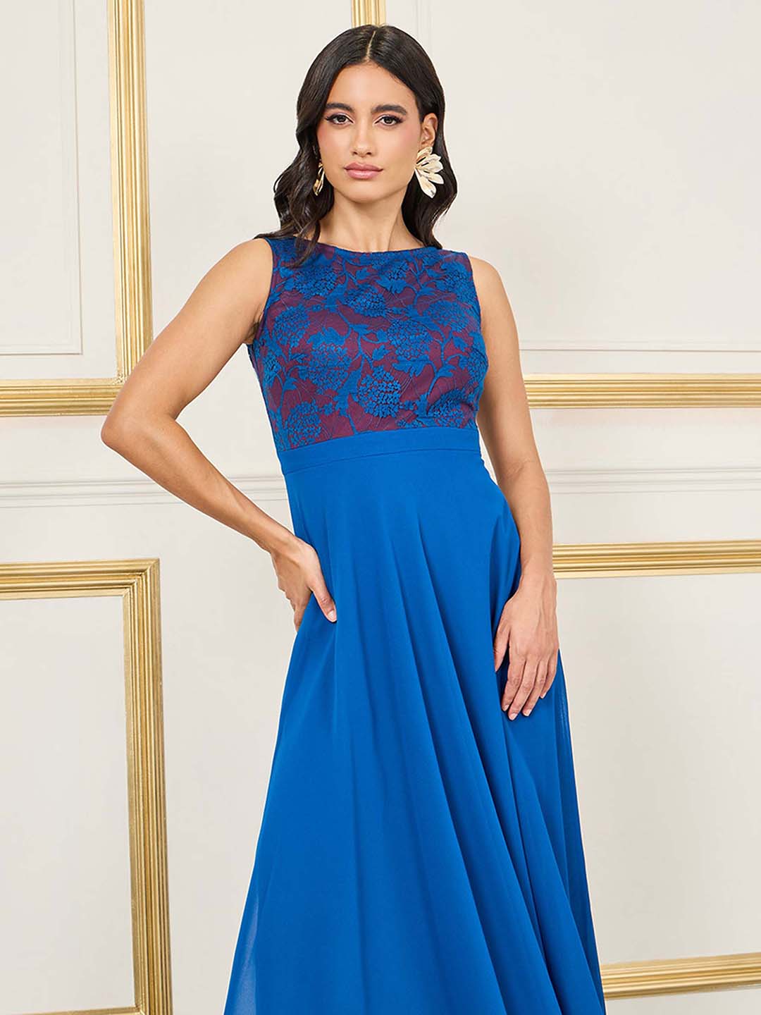 Women's Royal Blue Round Neck Sleeveless Georgette Floral Lace Fit & Flare Maxi Dress
