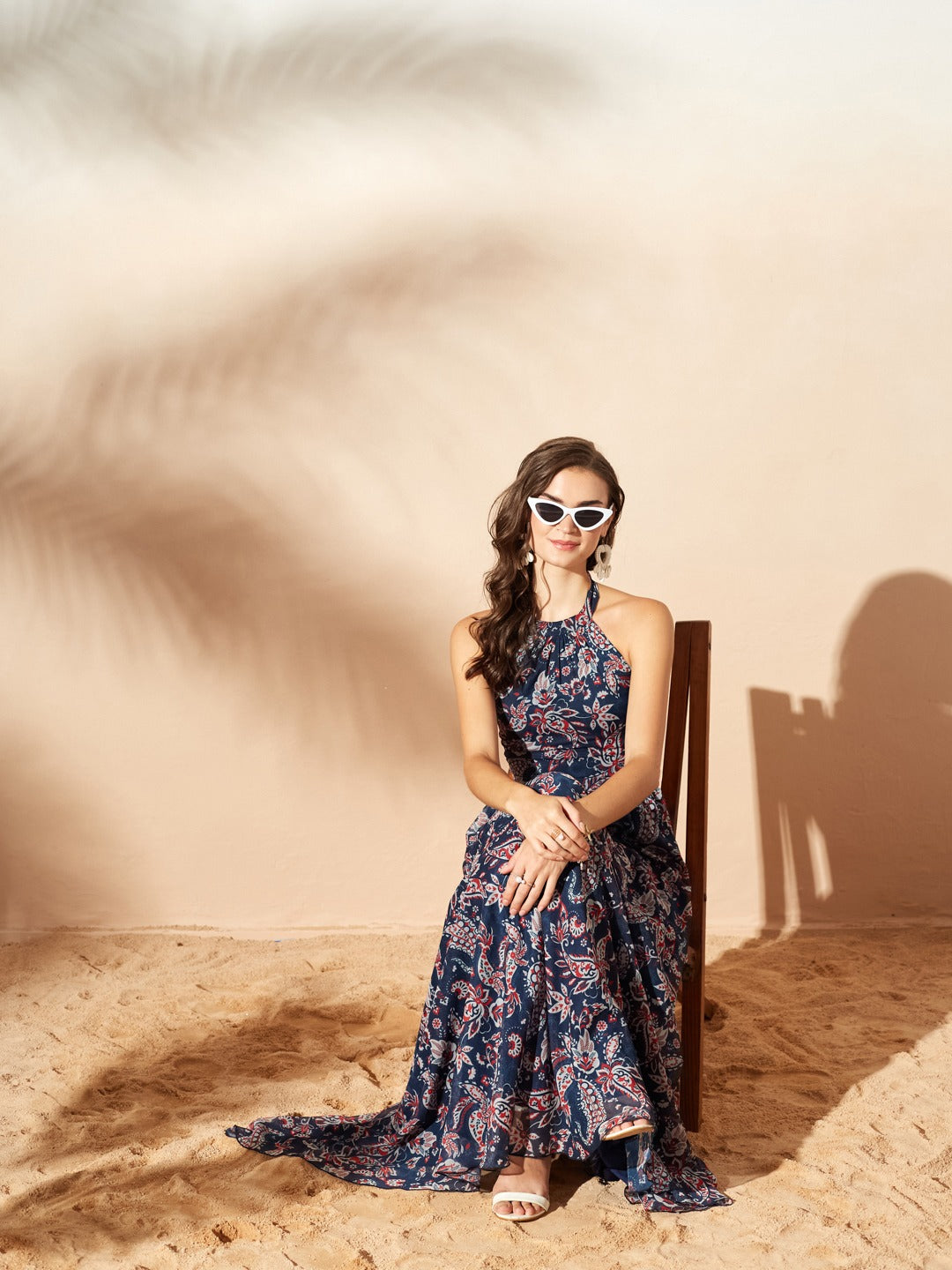 Navy Blue Halter Neck Floral Printed Maxi Dress for Women