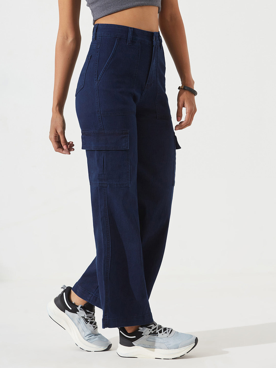 Navy Blue Wide leg High-Rise Regular Stretchable Cargo Denim Jeans For Women