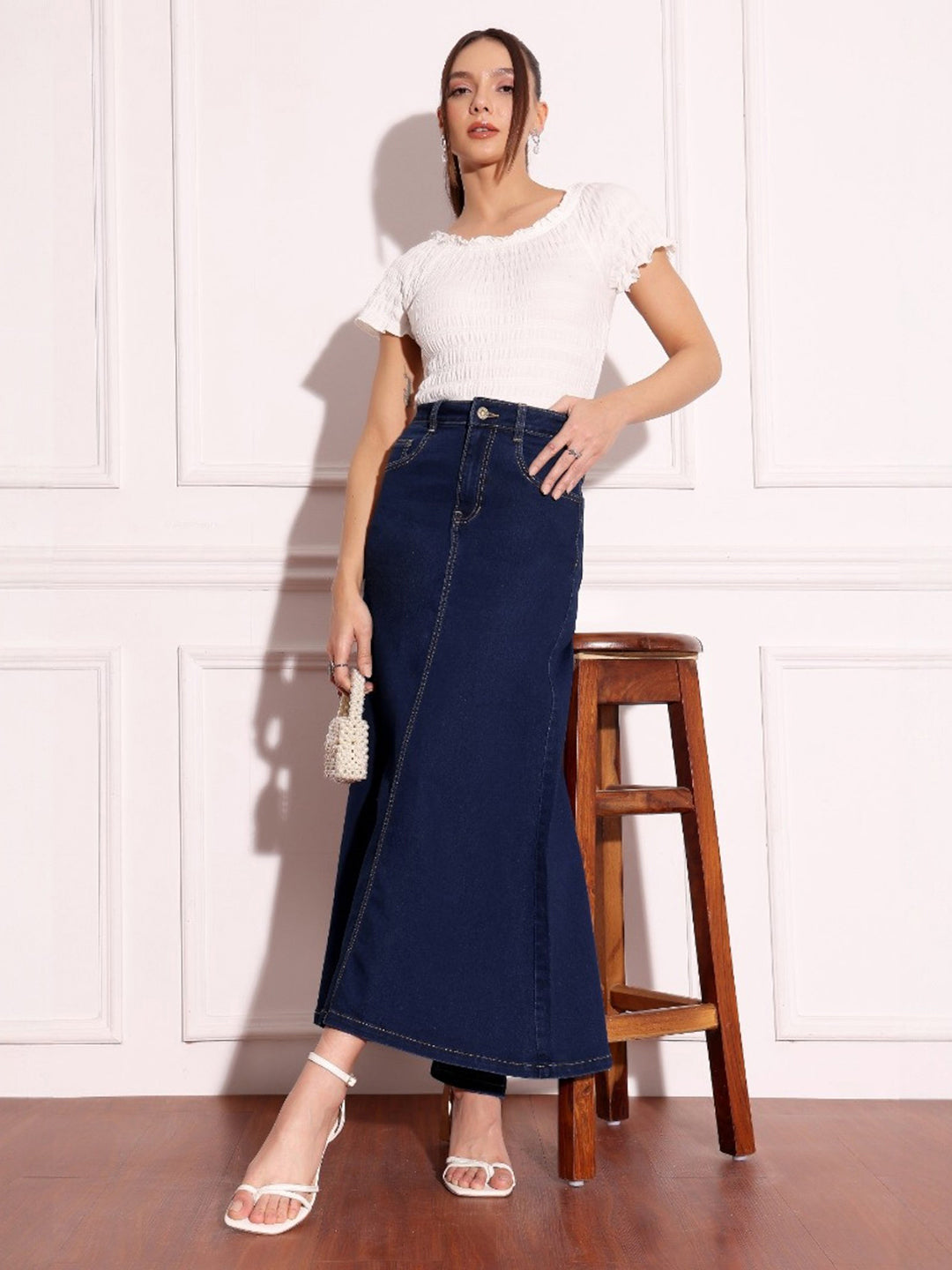 Women's Dark Blue Flared High-Rise Stretchable Denim Maxi Skirt