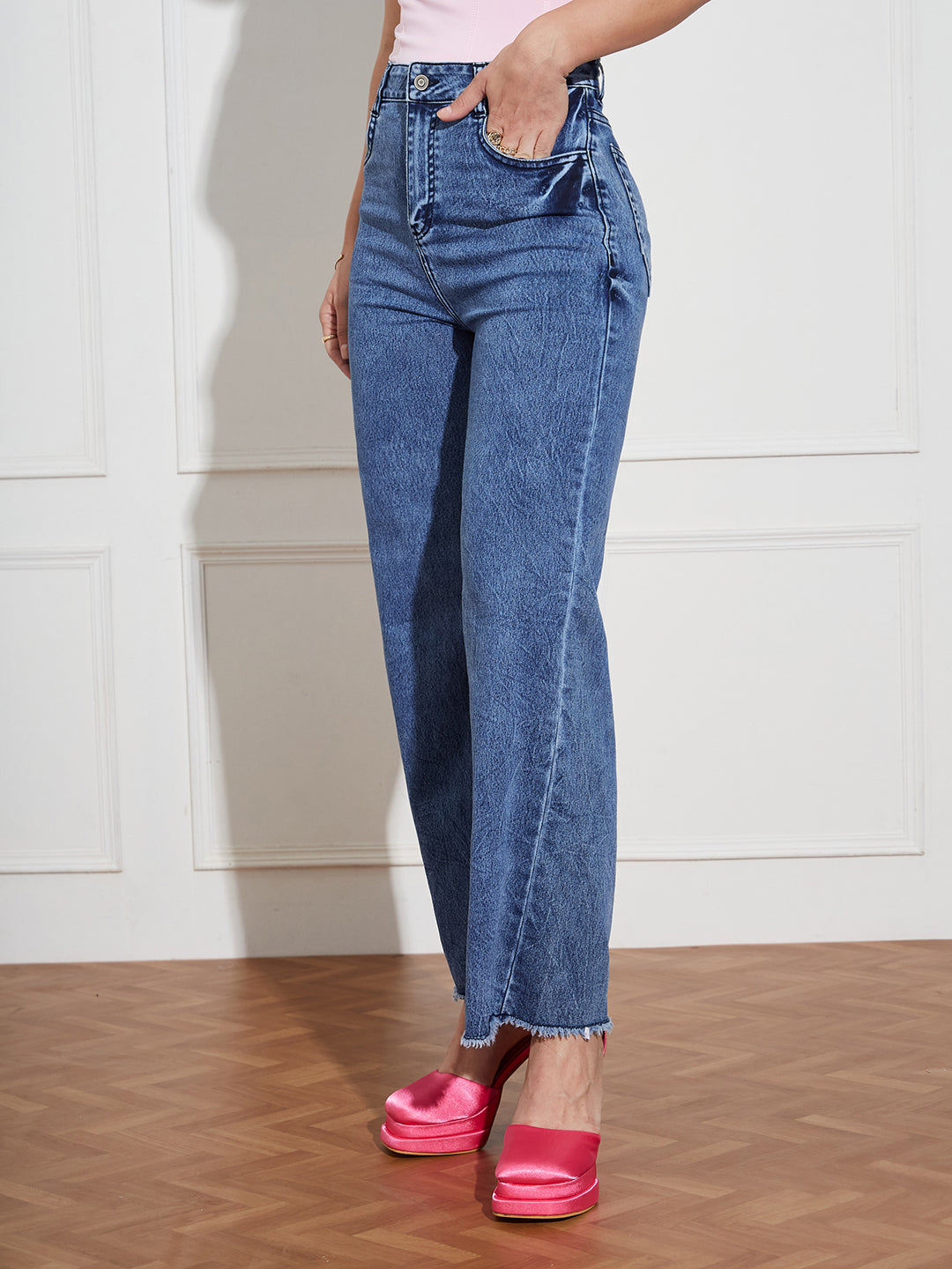 Women's Navy-Blue Wide Leg High-Rise Clean Look Regular Stretchable Denim Jeans