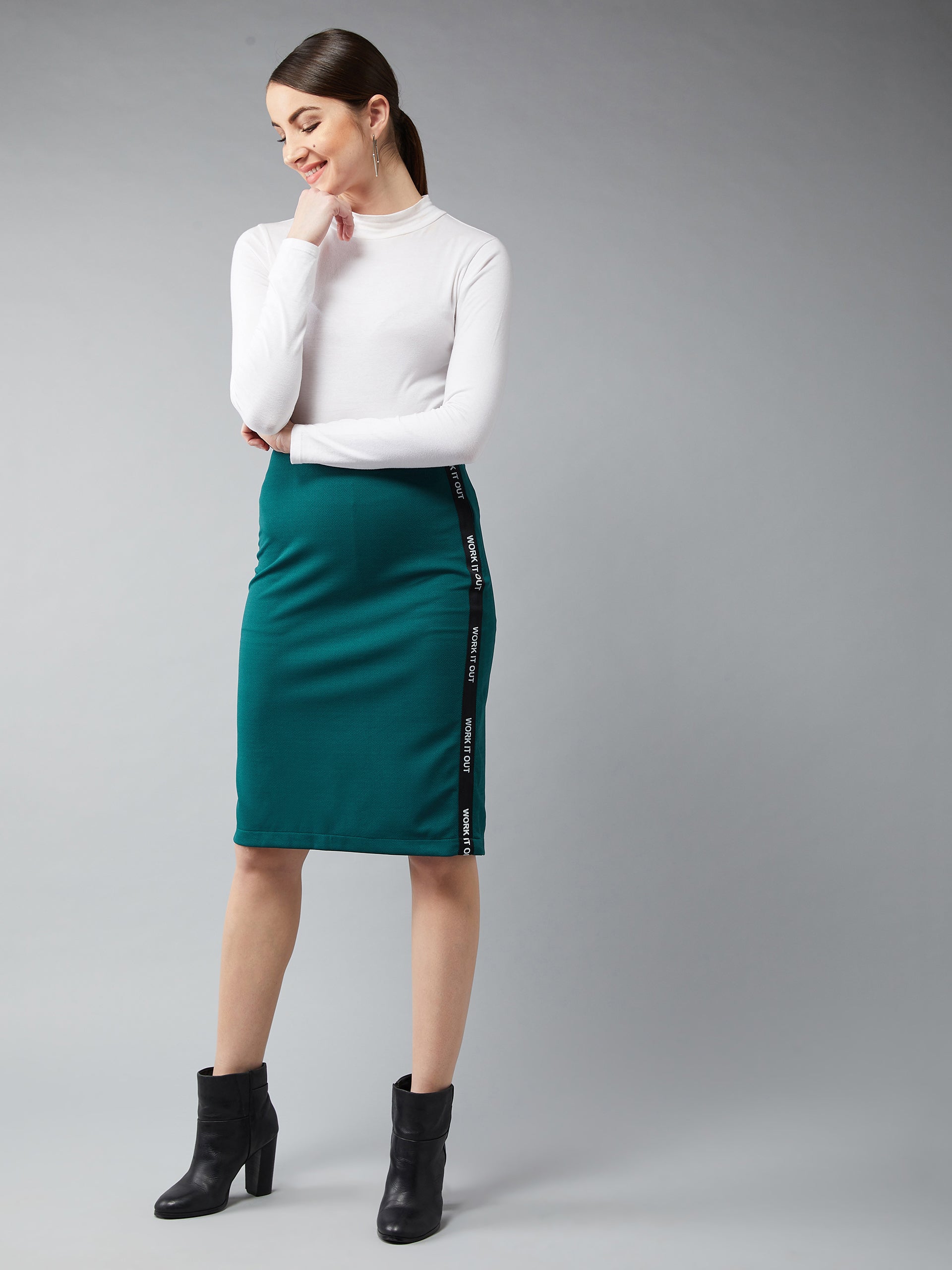 Women's Forest Green Printed Twill Tape Detailing Solid Bodycon Midi Skirt