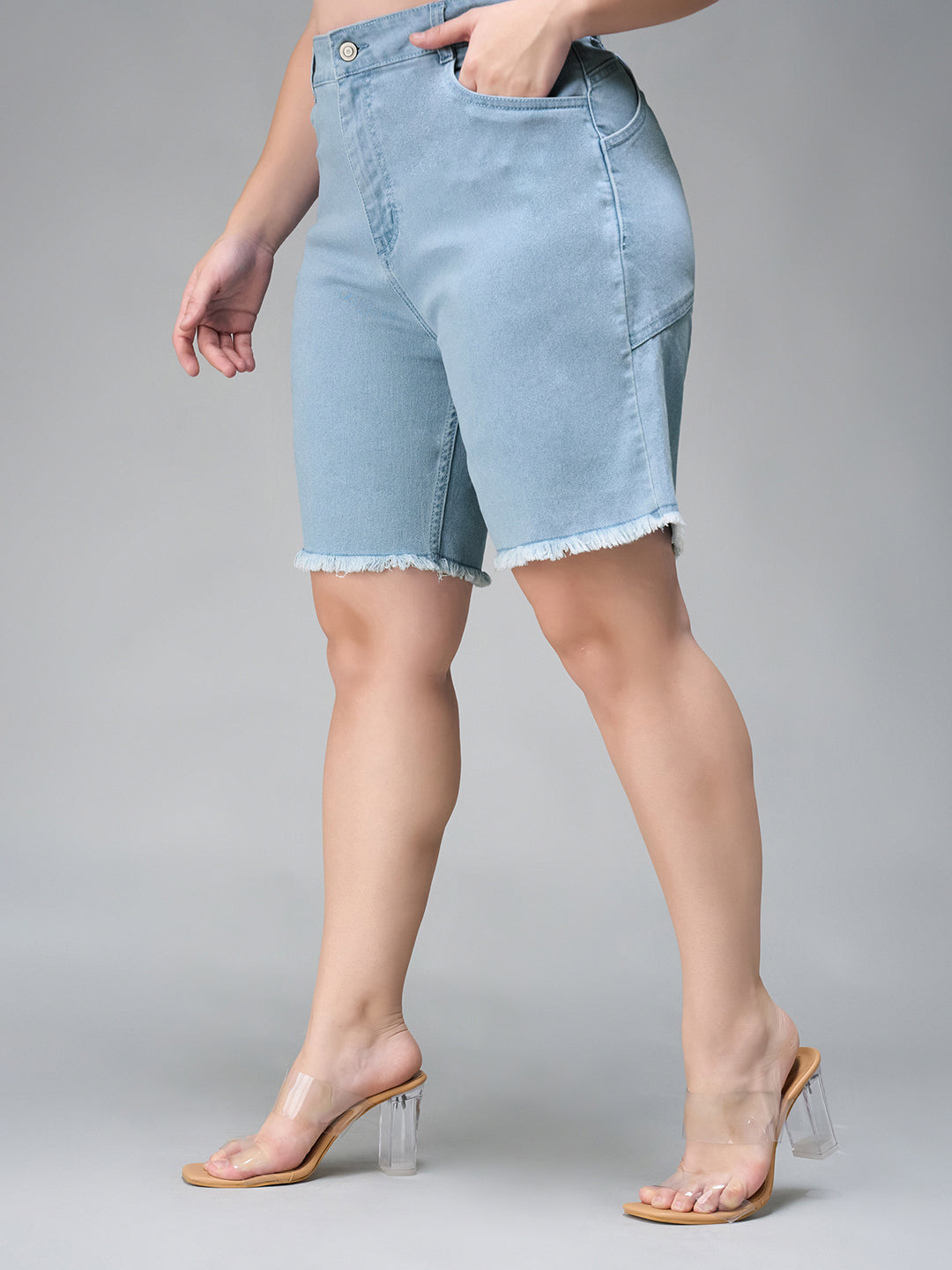 Women's Light Blue Regular High Rise Clean Look Above Knee Stretchable Denim Shorts