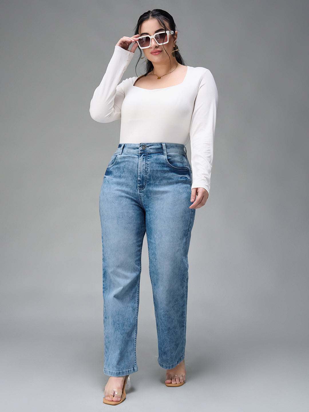 Women's Light Blue Wide Leg Fit High Rise Stretchable Denim Jeans