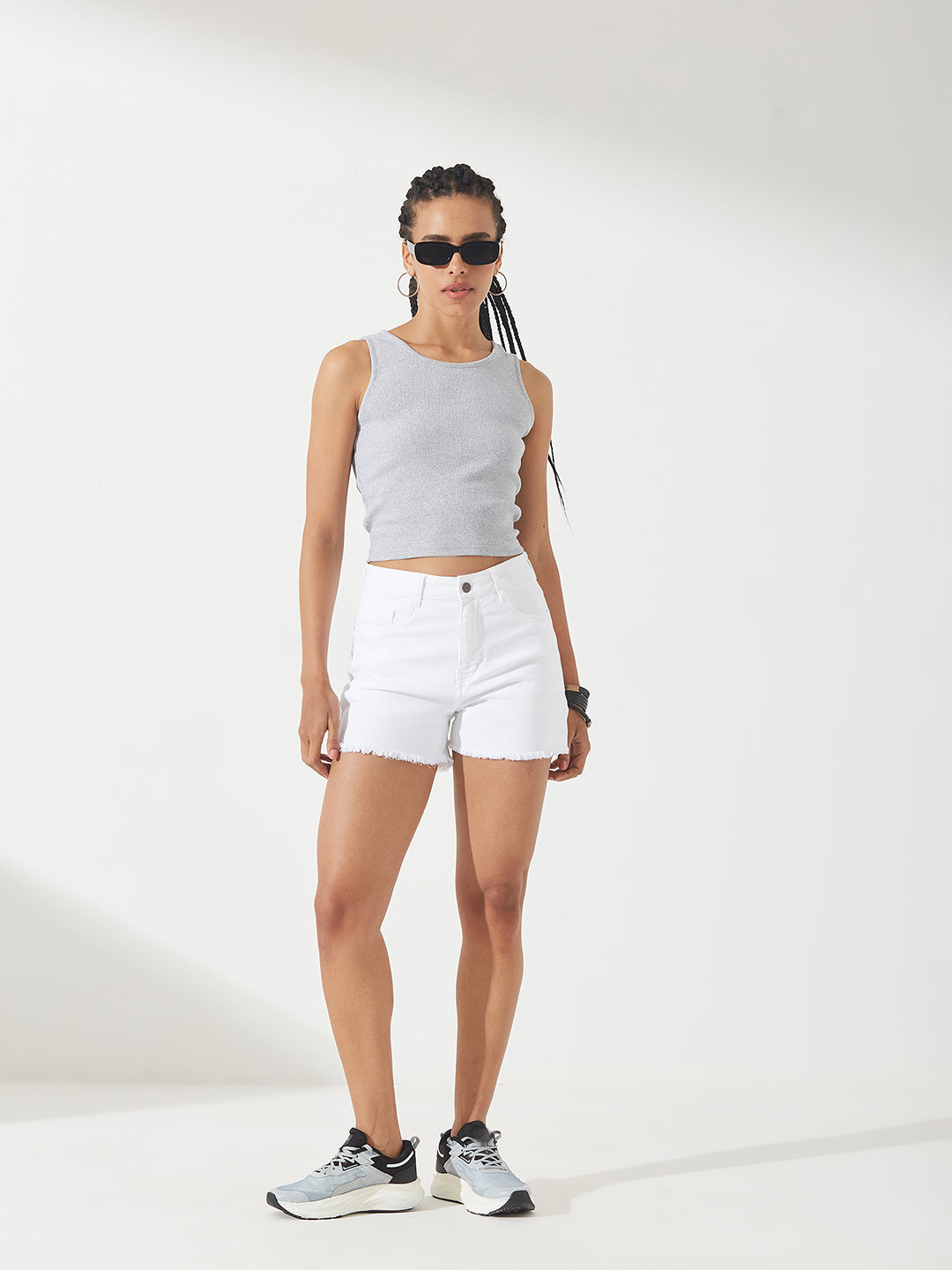 White High-Rise Stretchable Denim Shorts for Women