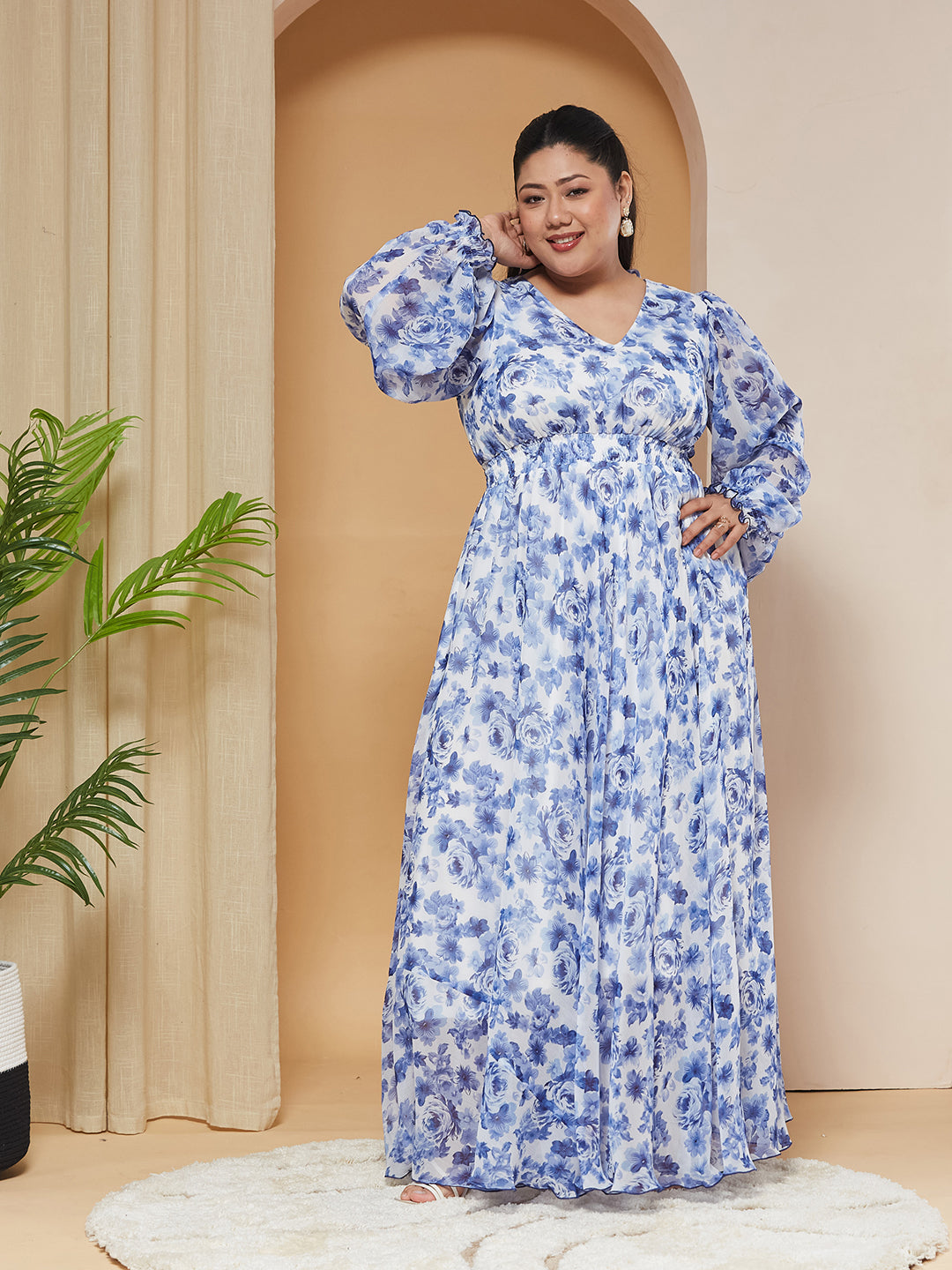 Multicolored-Base-White V-Neck Full-Sleeves Floral Gathered Chiffon Maxi Dress for Women