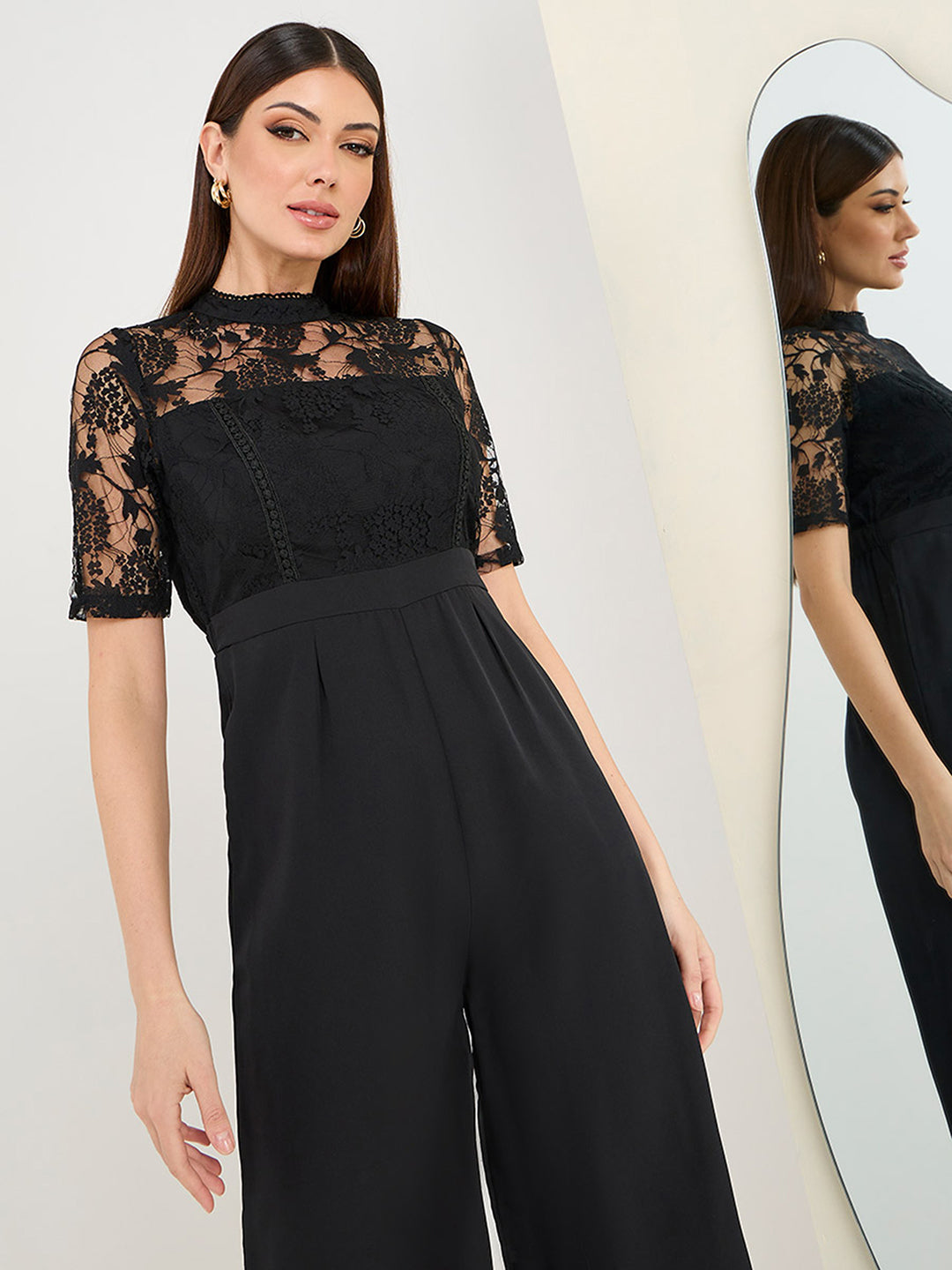 Women's Black Floral Printed Crepe Regular Fit Polo Neck Short Sleeve Regular Length Jumpsuit