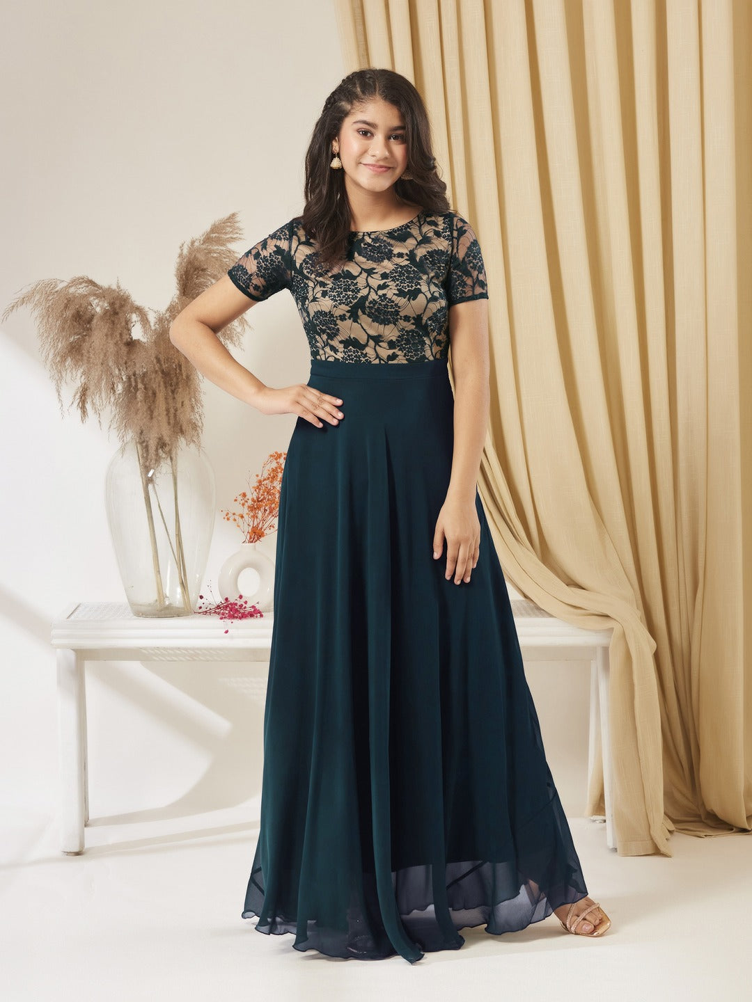 Teal Round Neck Half Sleeve Self Design Fit & Flare Georgette Maxi Dress for Girls/Teenagers