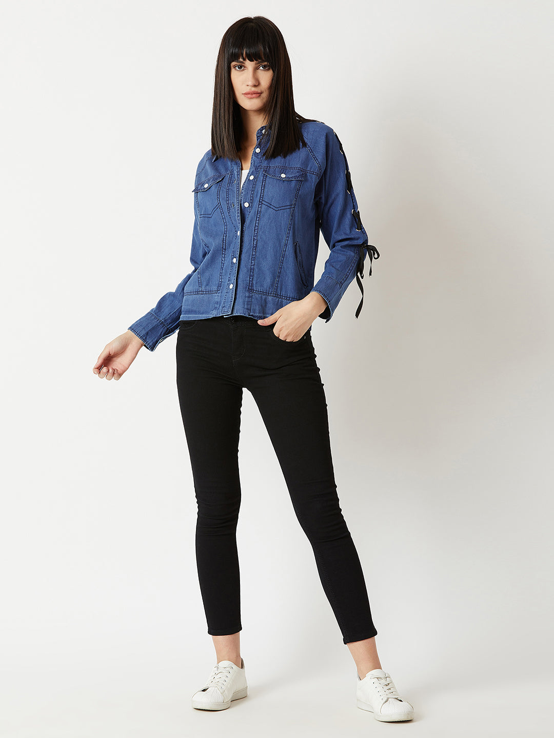 Women's Blue Polo Neck Full Sleeve Buttoned Eyelet And Twill Tape Detailing Solid Bomber Denim Jacket