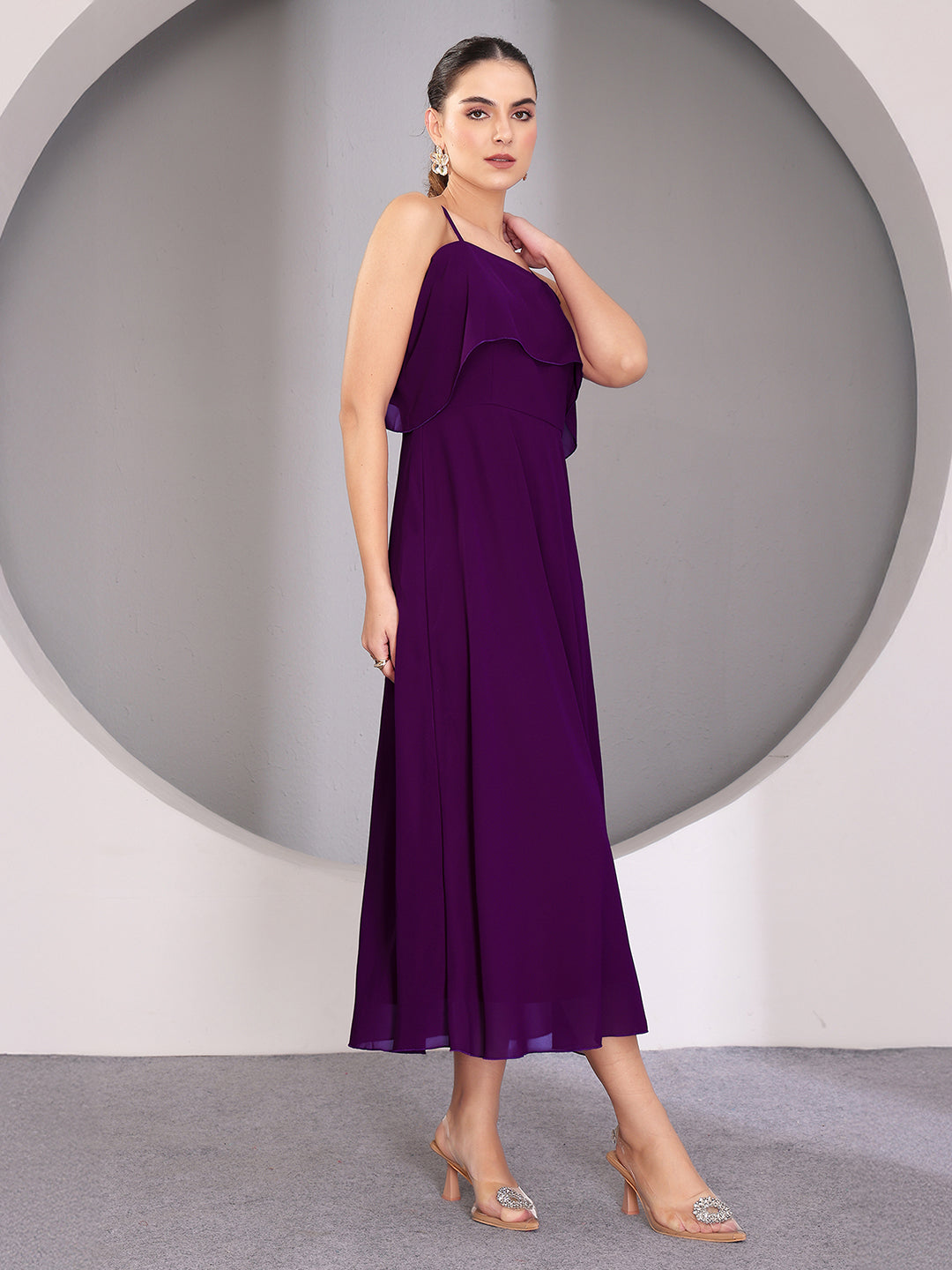 Women's Purple Bardot Style Sleeveless Spaghetti Strap Solid Off Shoulder Midi Skater Dress
