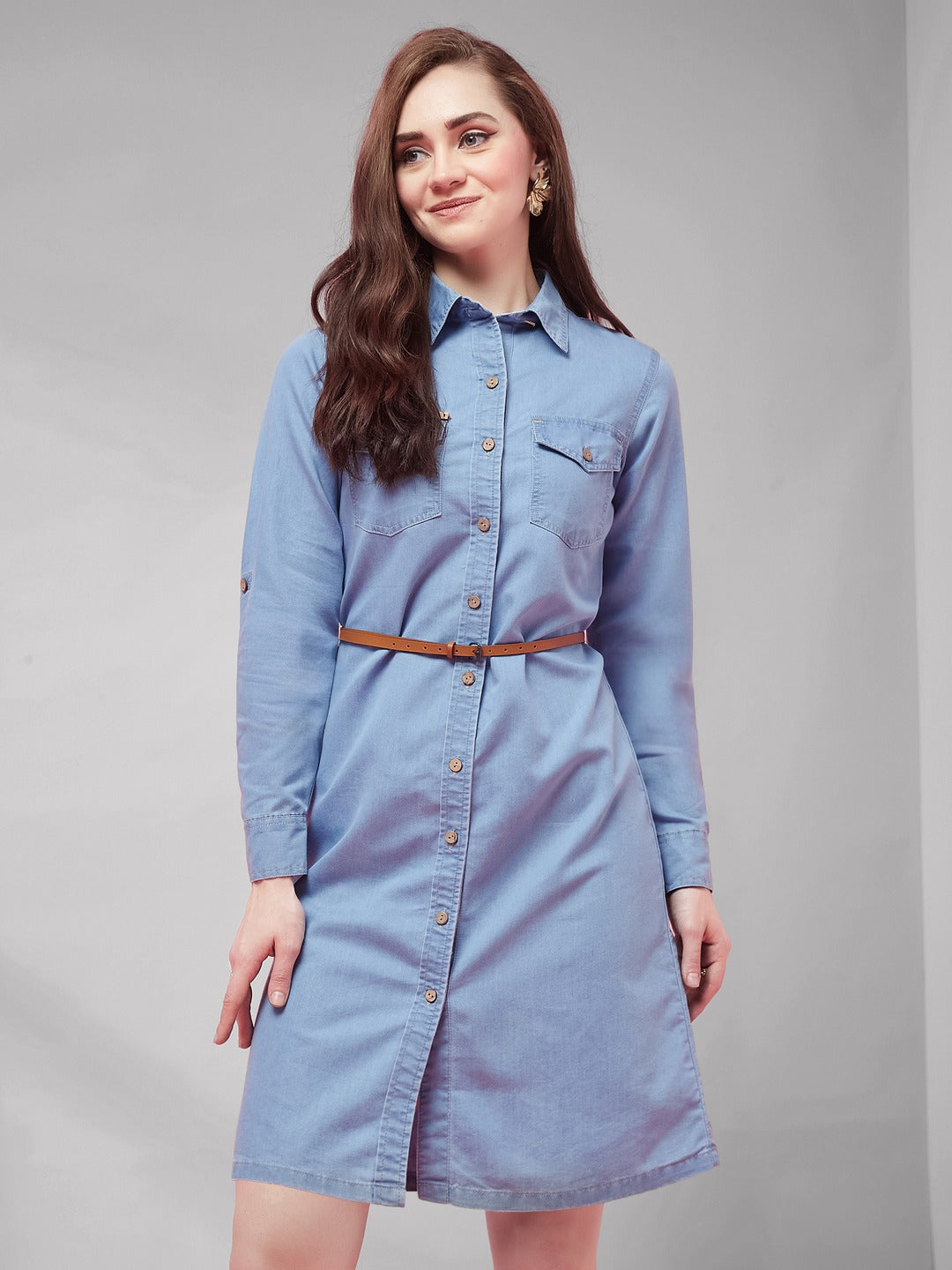 Blue Polo Neck Rolled Up Full Sleeve Denim Solid Buttoned A-Line Mini Dress for Women