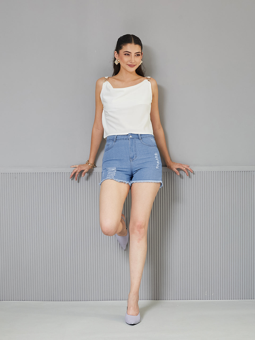 Women's Blue Relaxed Fit Highly Distressed Mid-Rise Ripped Denim Shorts