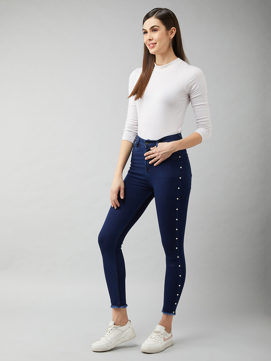 Women's Navy Blue Cotton Skinny Fit Cropped High Rise Stretchable Denim Jeans