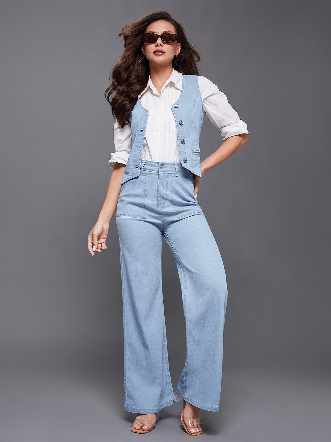 Women's Light Blue Wide-Leg High Rise Clean Look Regular-Length Stretchable Light-weight Denim Co-Ord Set