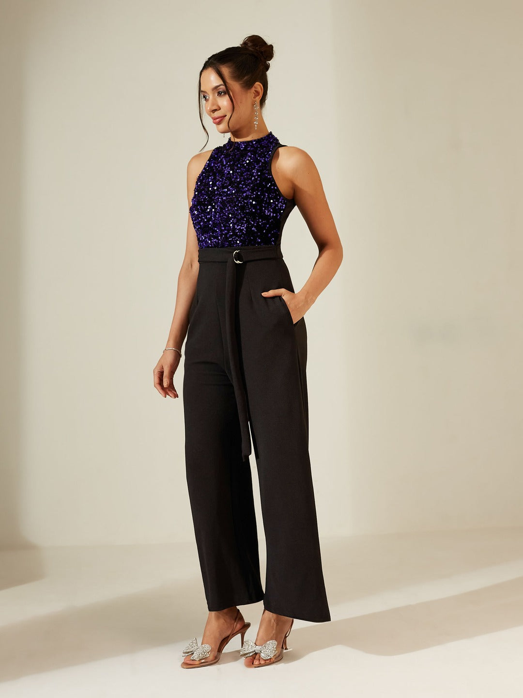 Black And Blue Halter Neck Sleeveless Embellished Jumpsuit for Women