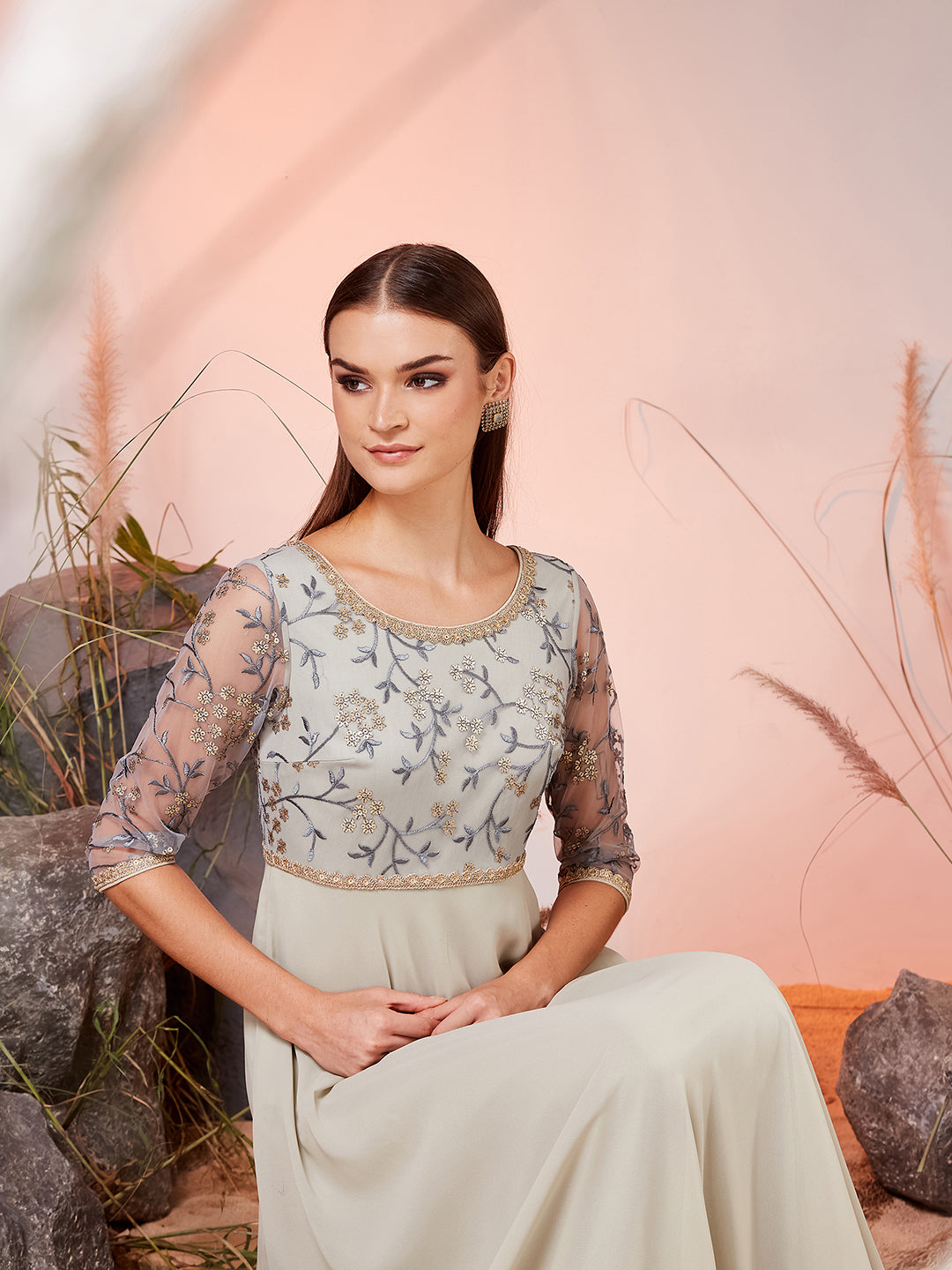 Dusty Green Boat-Neck Illusion Sleeve Embellished Fit & Flare Maxi Georgette Dress for Women