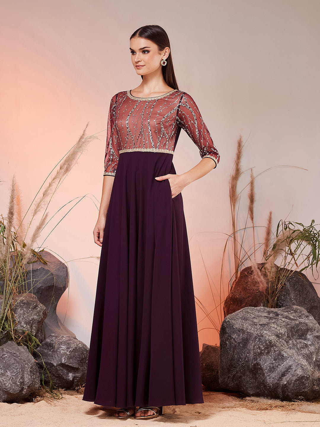 Dark Purple Round Neck 3/4 Sleeve Embellished Embellished Maxi Georgette Ethnic Dress for Women — Miss Chase