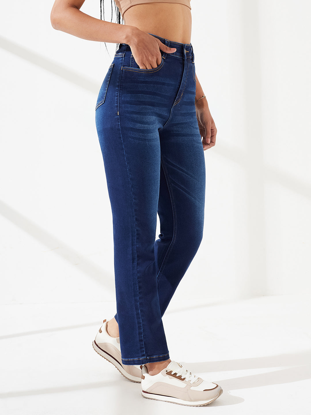 CHASEshape™ Mid-Rise Navy-Blue Semi-Straight-Fit Stretchable Jeans with Whiskering & Dark Wash Finish for Women