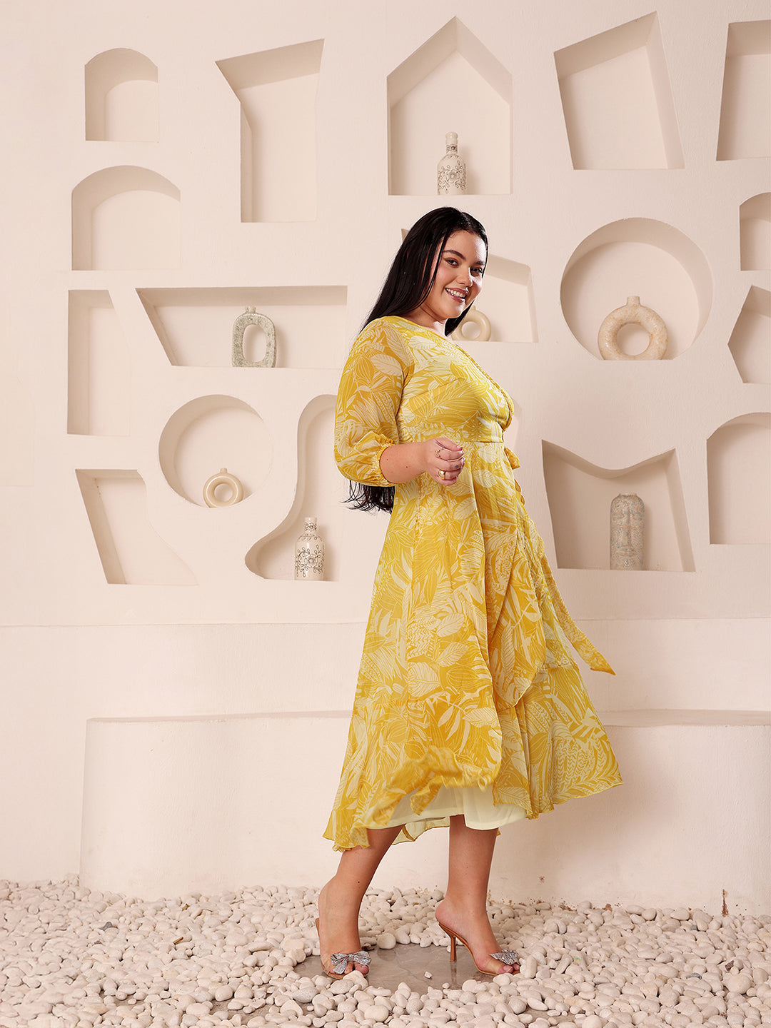 Women's Yellow & White V-Neck Full-Sleeves Floral Layered Maxi Dress