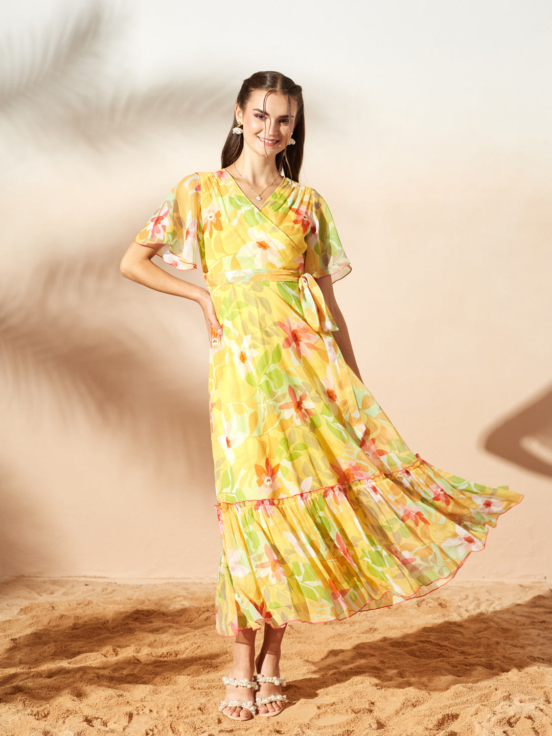 Butter Yellow Floral Printed Flutter Sleeves Maxi Dress for Women