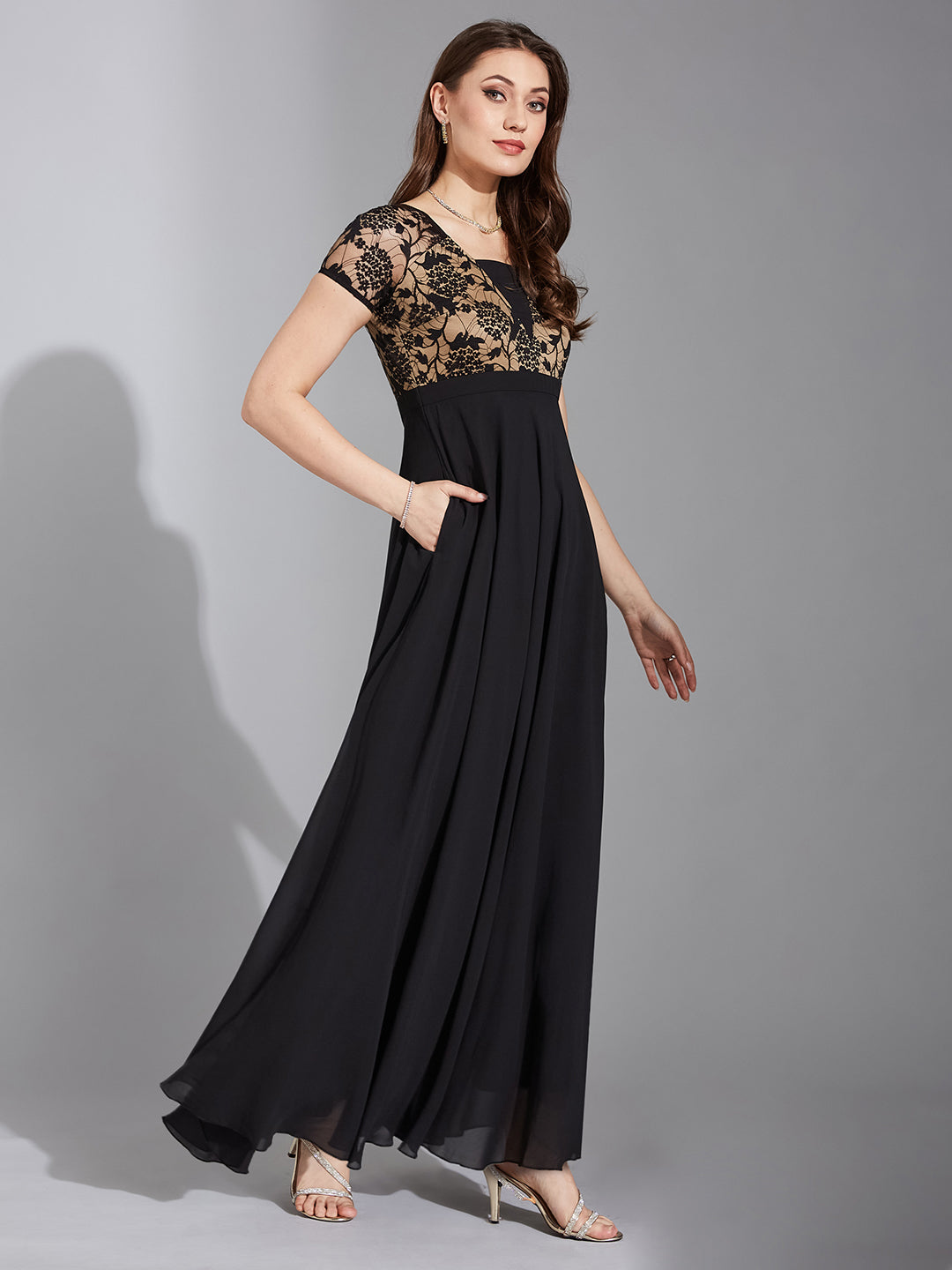 Women's Black Square Neck Raglan Short Sleeve Self Design Lace Overlaid Georgette Maxi Dress