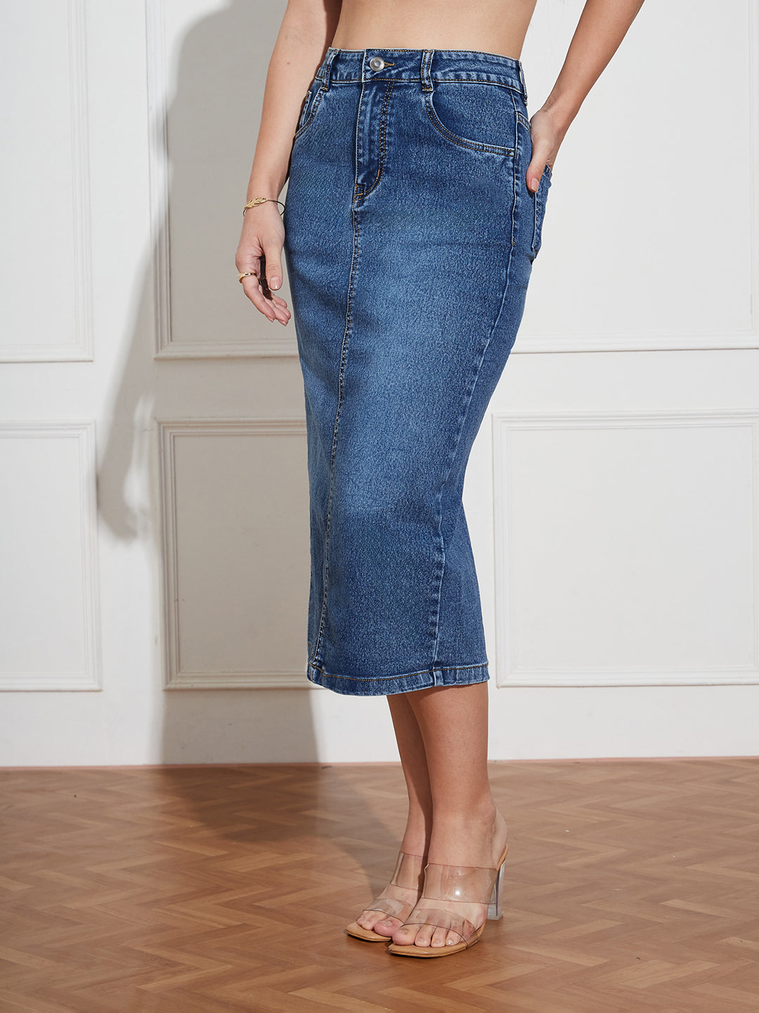 Women's Dark Blue High Rise Clean Look Stretchable Denim Bodycon Midi Skirt