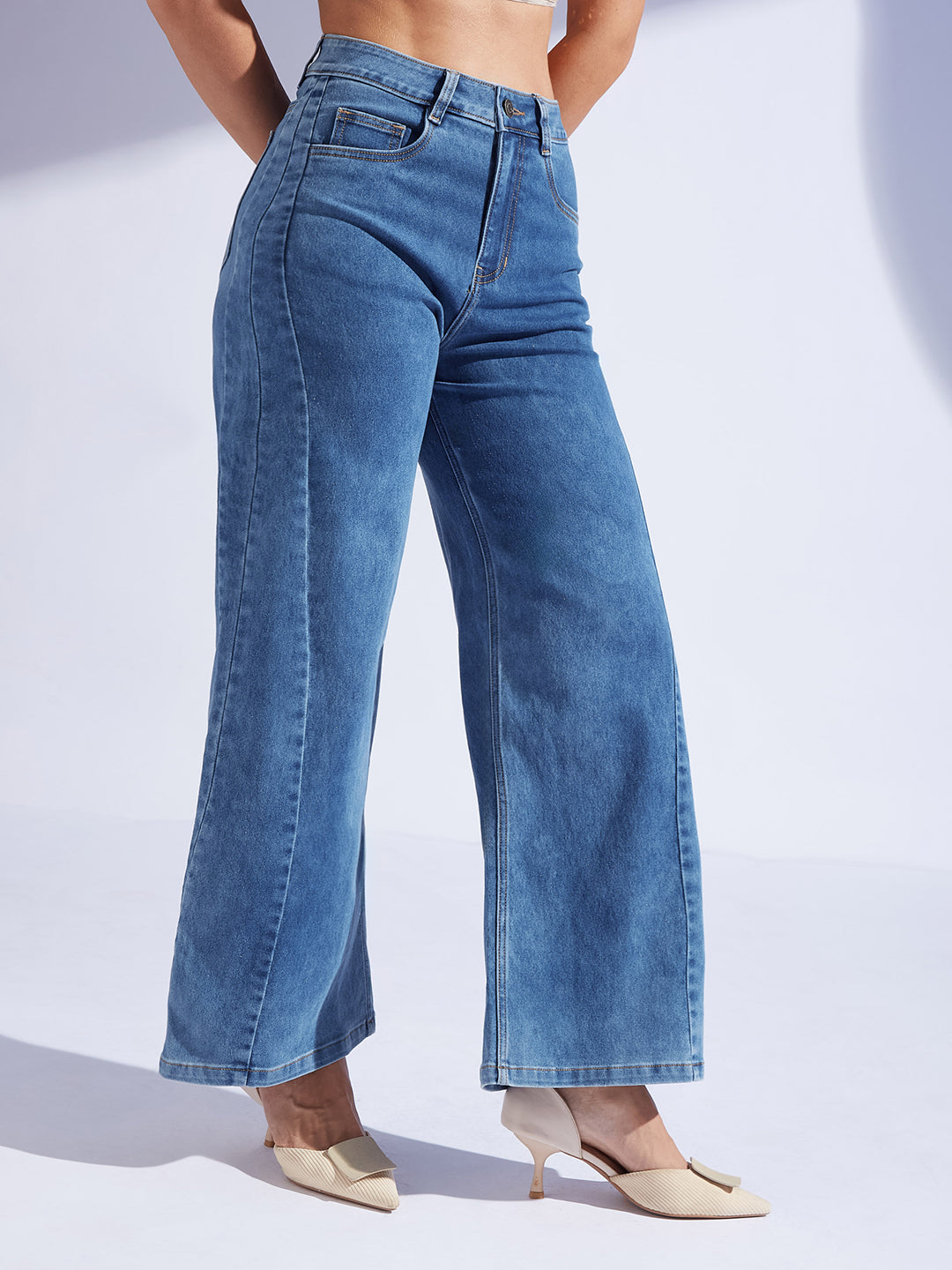 Women's Mid Blue Wide Leg High Rise Curved Panel Clean Look Stretchable Denim Jeans