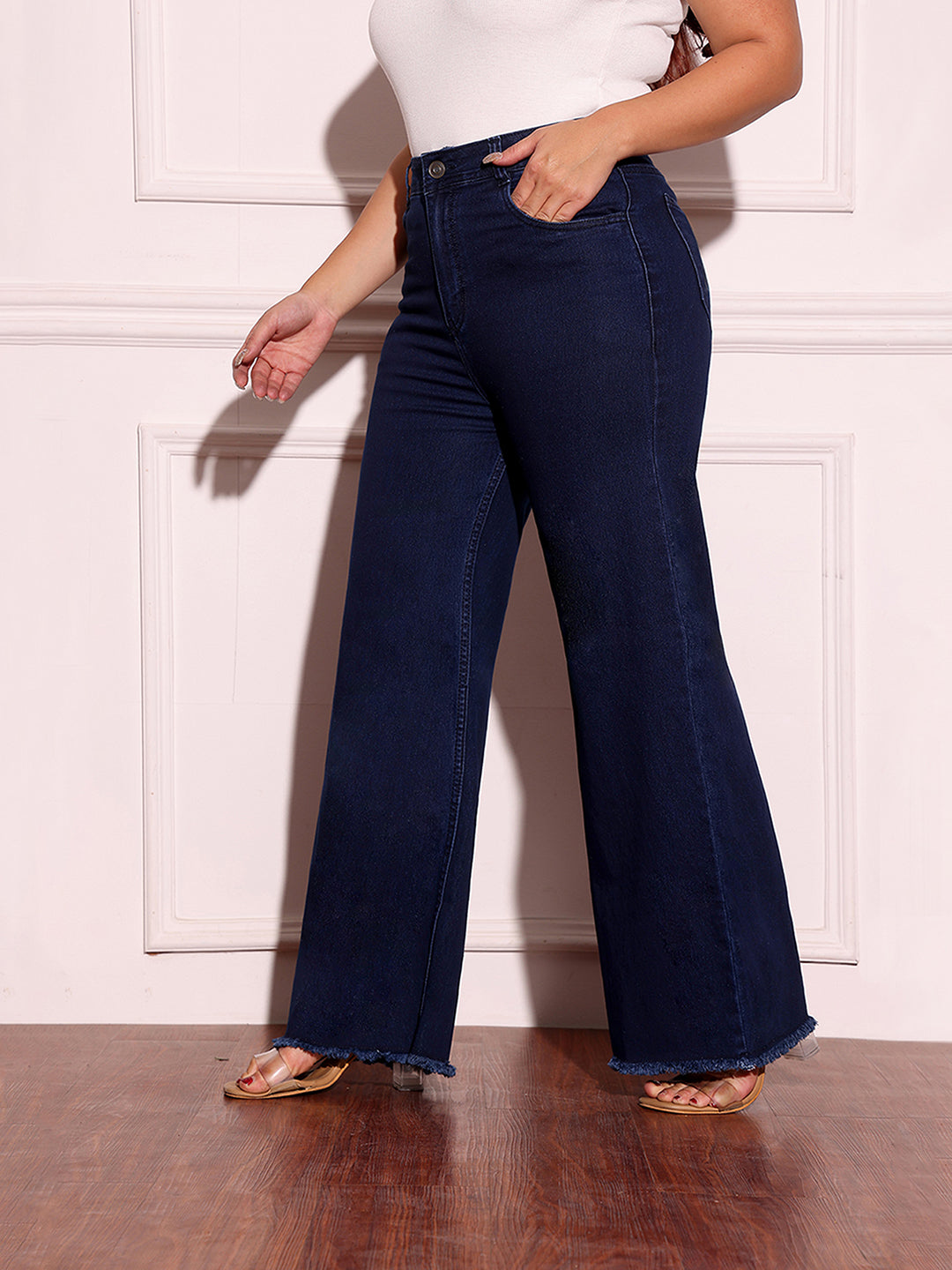 CHASEstretch™ Navy-Blue Wide-Leg High-Rise Clean-Look Regular-Length Stretchable Denim Jeans for Women