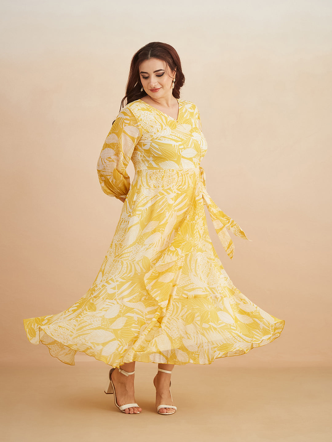Yellow & White V neck Full sleeve Floral Layered Maxi Dress for Women