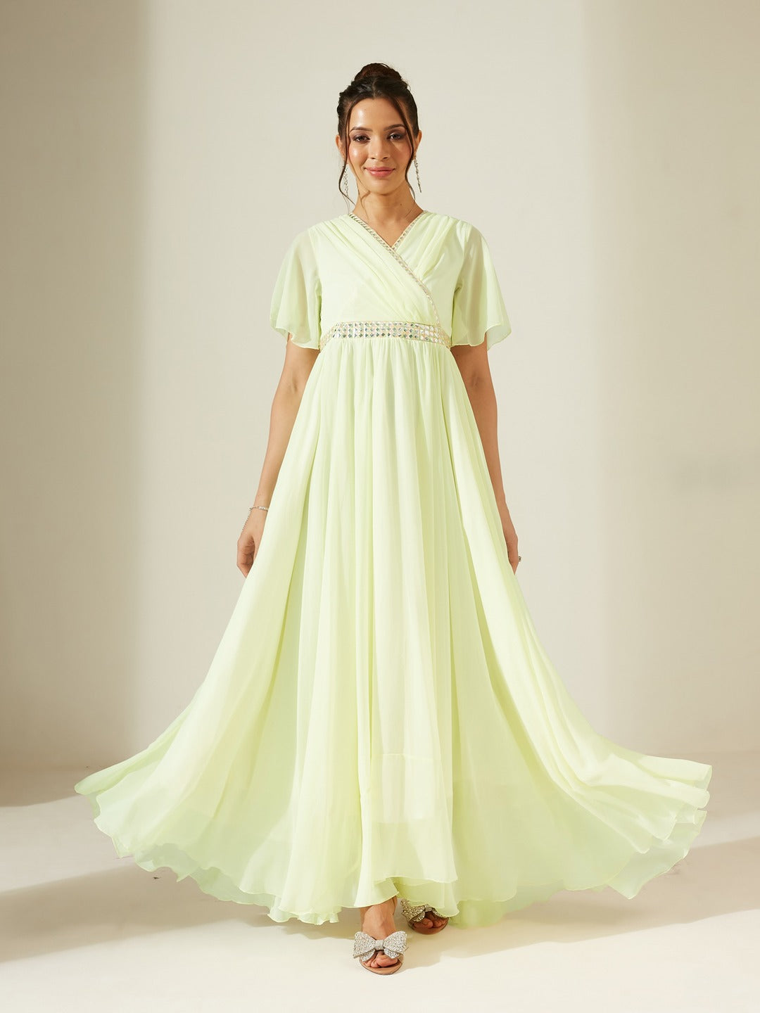 Lemon Yellow V-Neck Flared/ Bell Sleeves Solid Georgette Fit & Flare Maxi Dress for Women