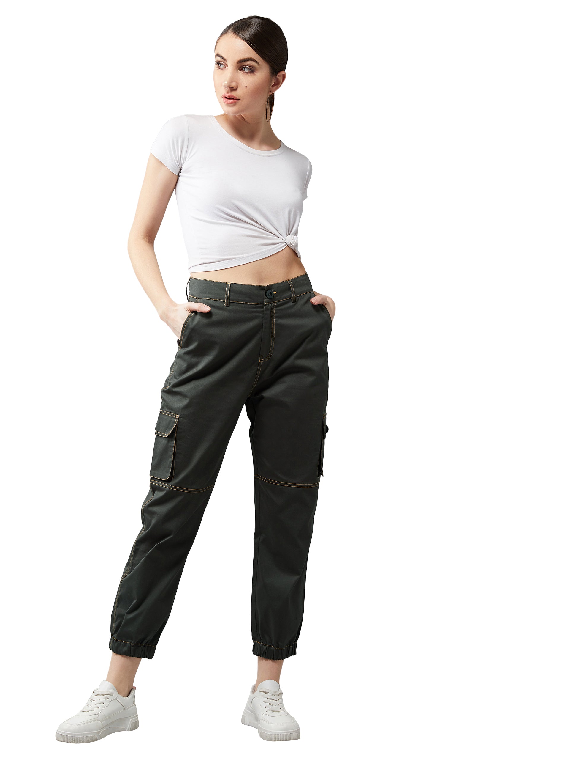 Women's Cotton Green Solid Regular Length Joggers