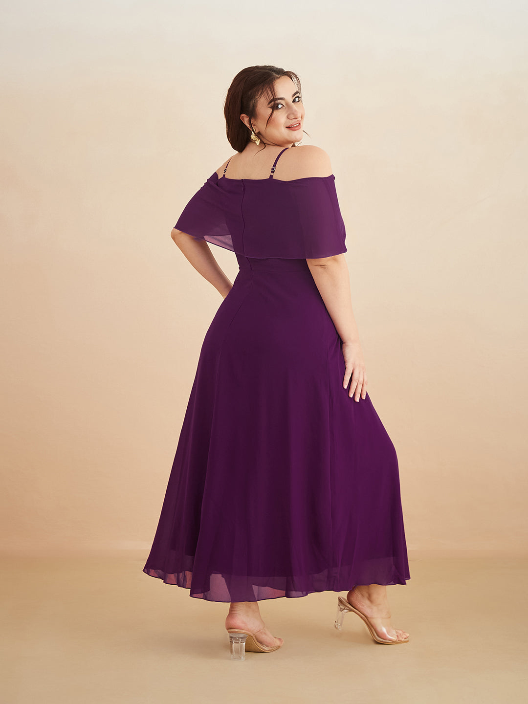 Purple Bardot Style Sleeveless Spaghetti Strap Solid Off Shoulder Midi Skater Dress for Women