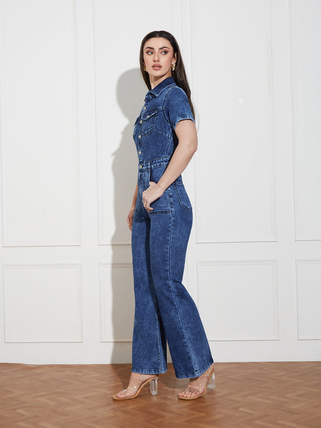 Women's Black Flared High Rise Regular Stretchable Denim Jumpsuit