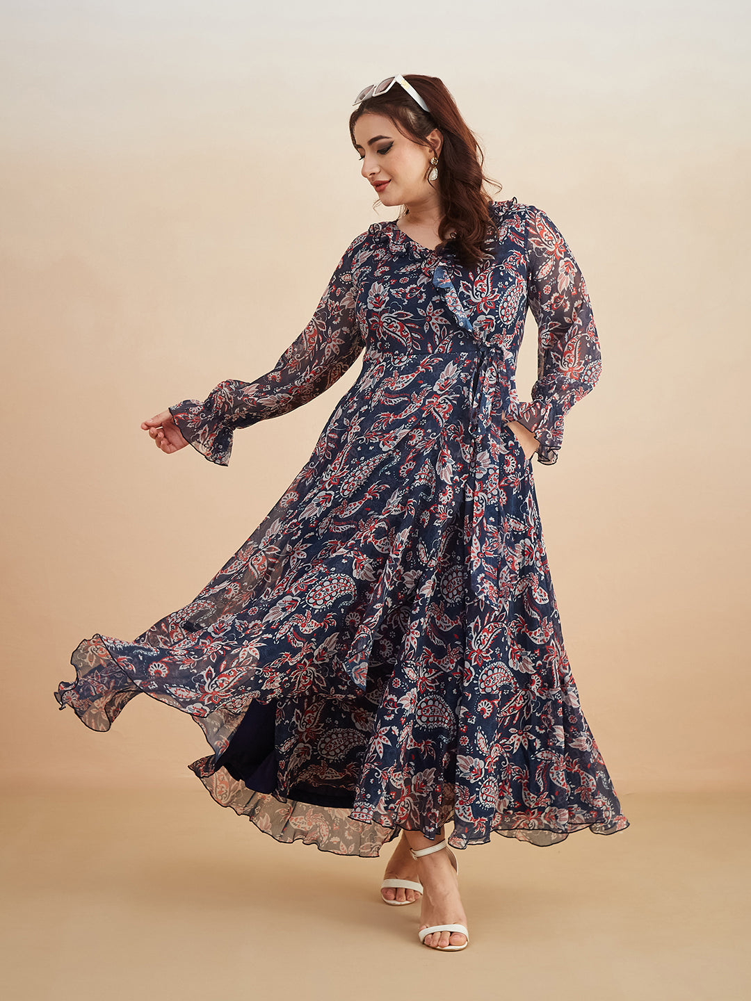 Multicolored-Base-Navy-Blue V Neck Full Sleeves Polyester Relaxed Fit Midi Length Dress for Women