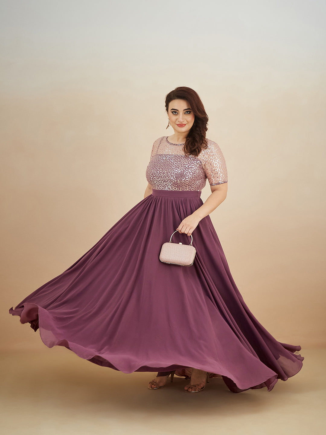 Mauve Relaxed Fit Maxi Georgette & Sequins Dress for Women