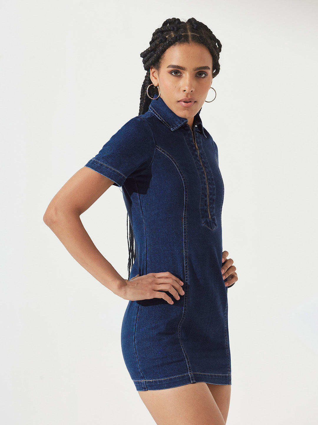 Dark Blue Collared Half-Sleeves Princess Seam Sheath Mini Dress for Women