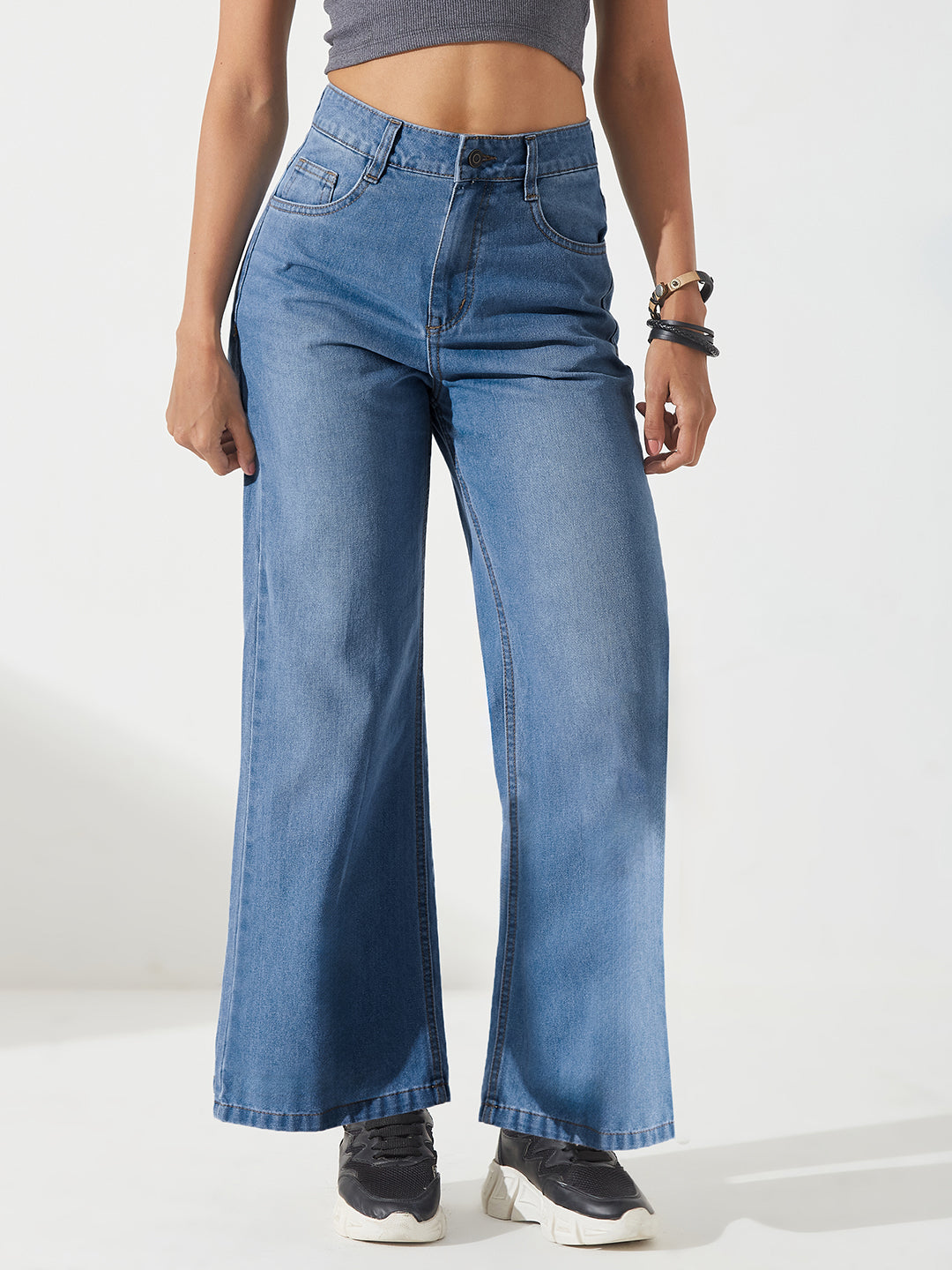 Light Blue Wide-Leg High-Rise Non-stretchable Denim Jeans For Women