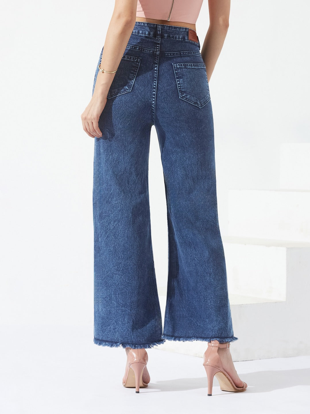 Navy-Blue Wide-Leg high-rise Stretchable Denim Jeans for Women