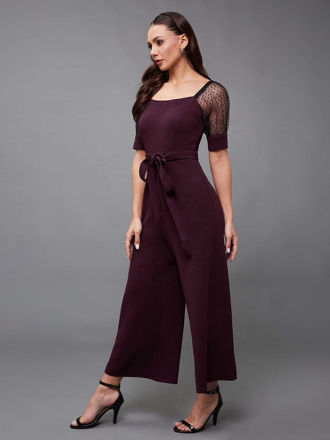 Crease Ease Women's Dark Purple & Black Solid Straight Leg Square Neck Half Sleeve Relaxed Fit Jumpsuit