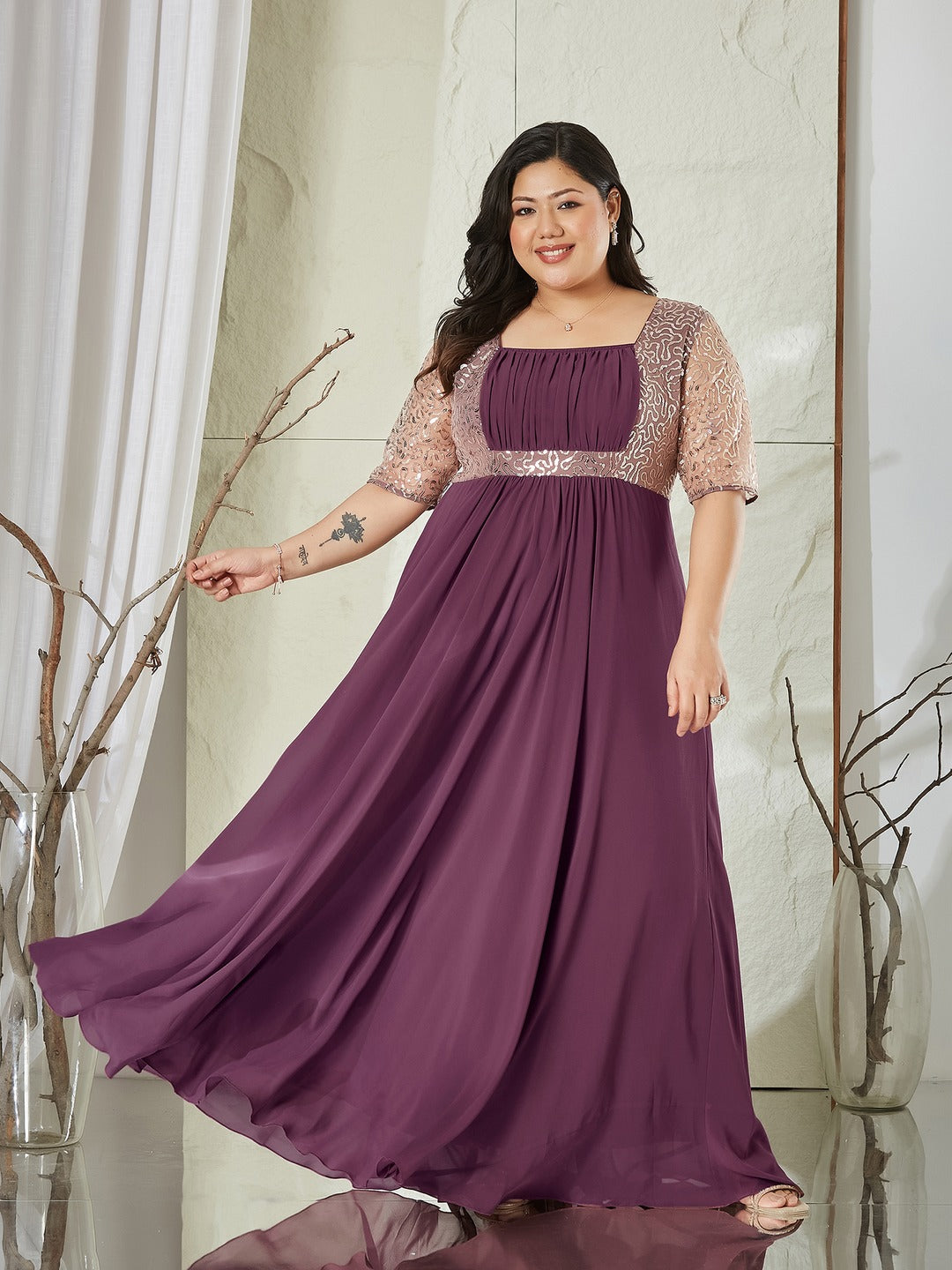 Mauve Square Neck Half Sleeve Solid Embellished Georgette Maxi Dress for Women