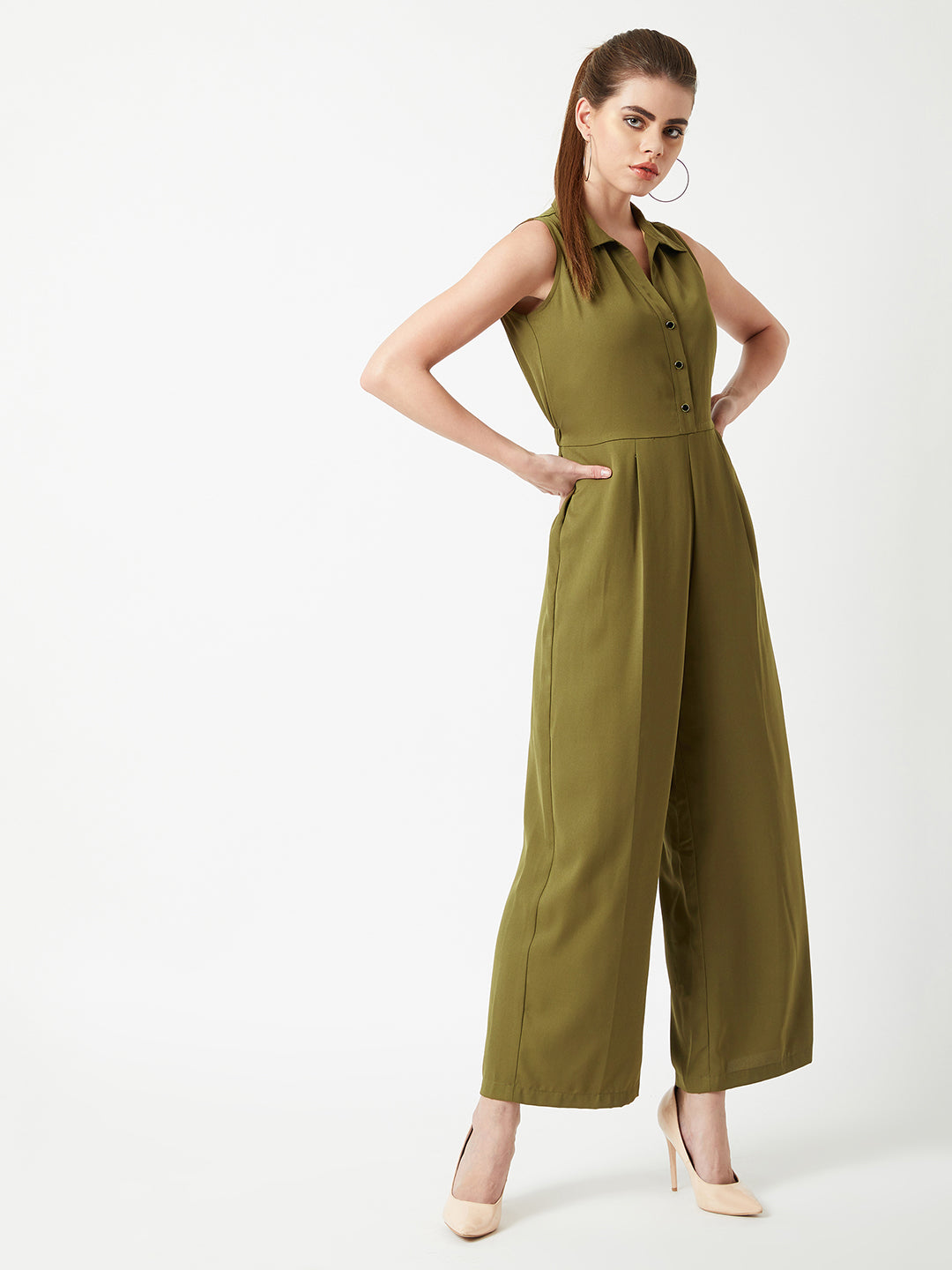 Women's Olive Green Collared Sleeveless Solid Wide Leg Regular Length Elasticated Jumpsuit