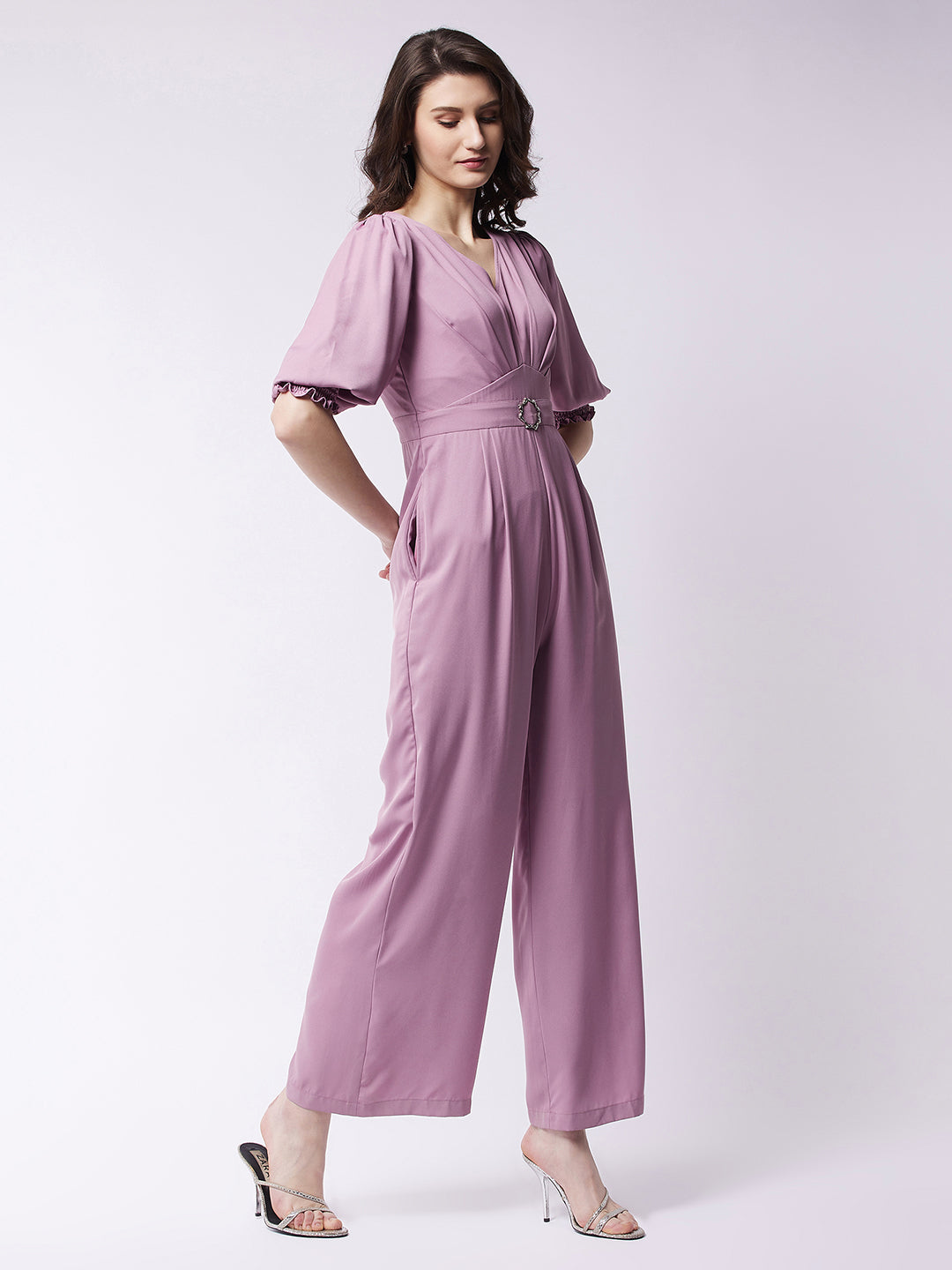 Women's Lavender V neck 3/4th Sleeve Solid Pleated Regular Jumpsuit