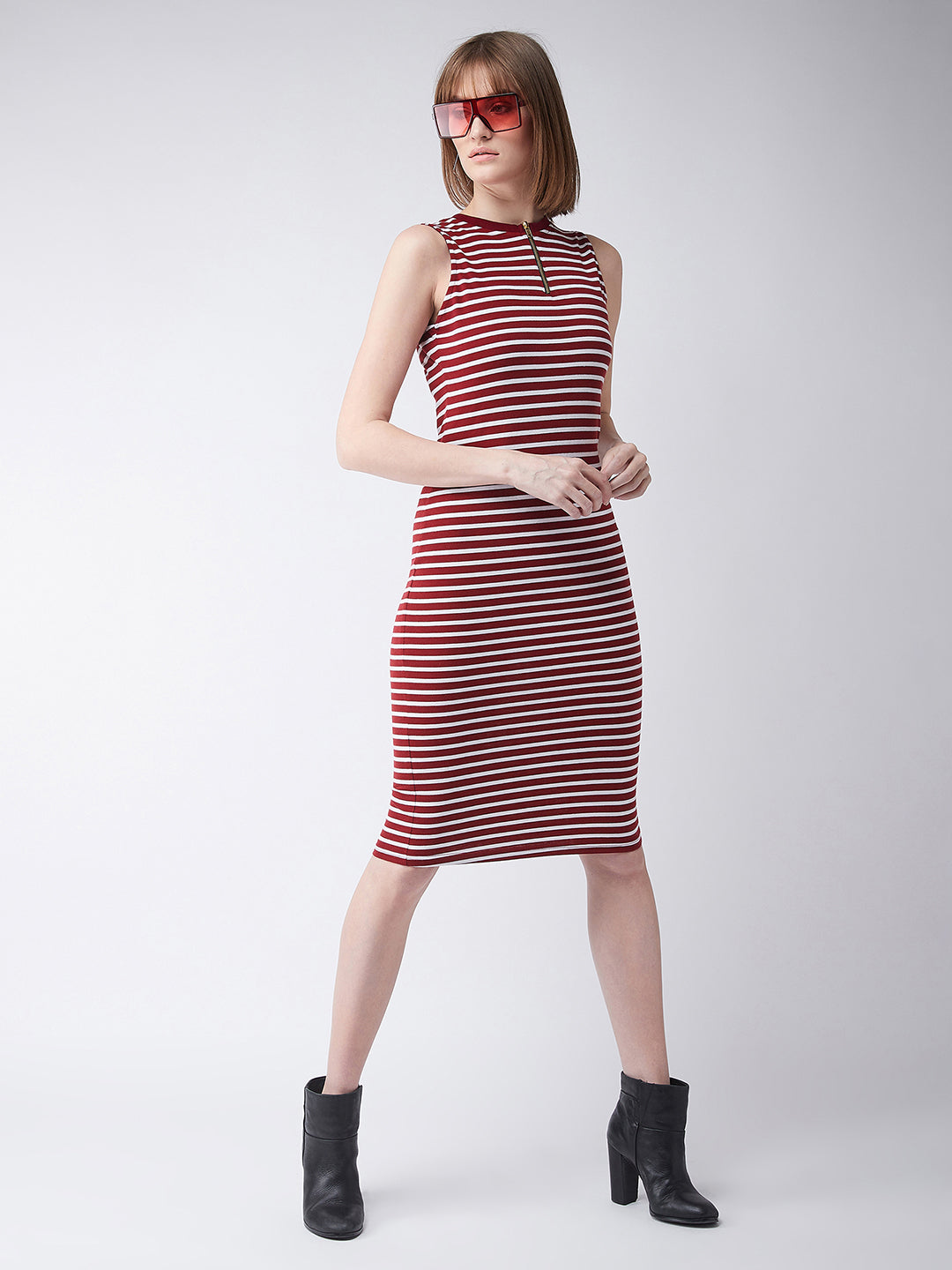 Women's Maroon and White Round Neck Sleeveless Striped Bodycon Dress