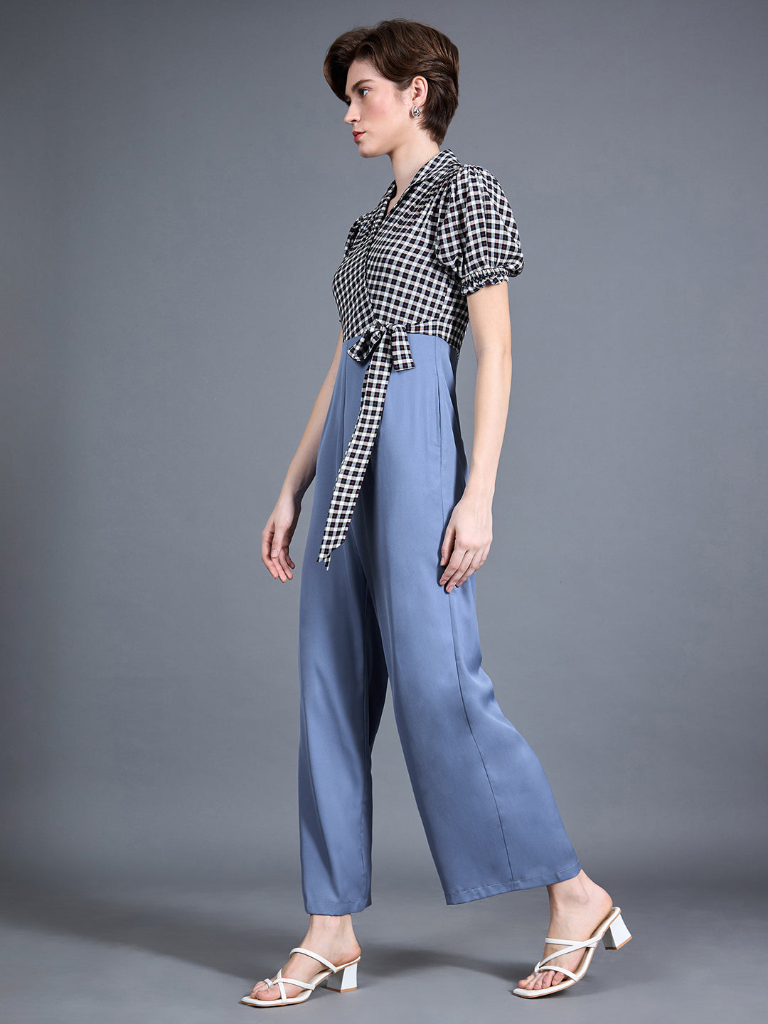 Women's Multicolored-Base-Powder Blue Notched Collared Puff Sleeve Checkered Wrap Regular Crepe Jumpsuit