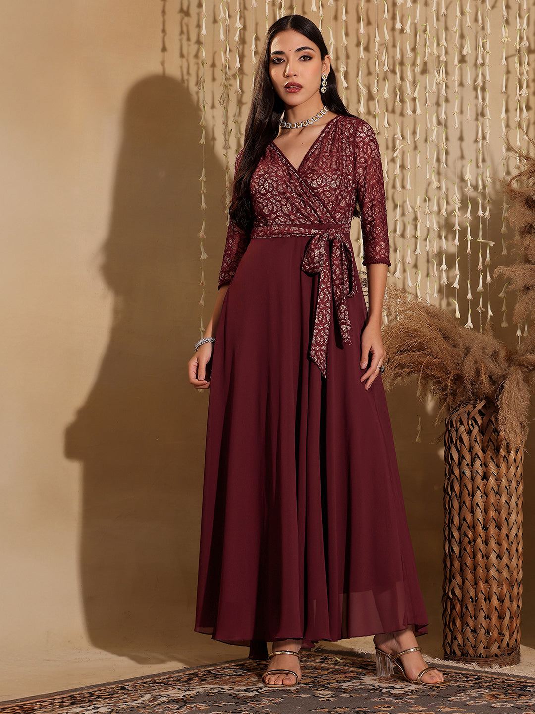 Women's Multicolored V-Neck Bishop Sleeve Bohemian Patterned Straight Leg Wrap Regular Silk Jumpsuit