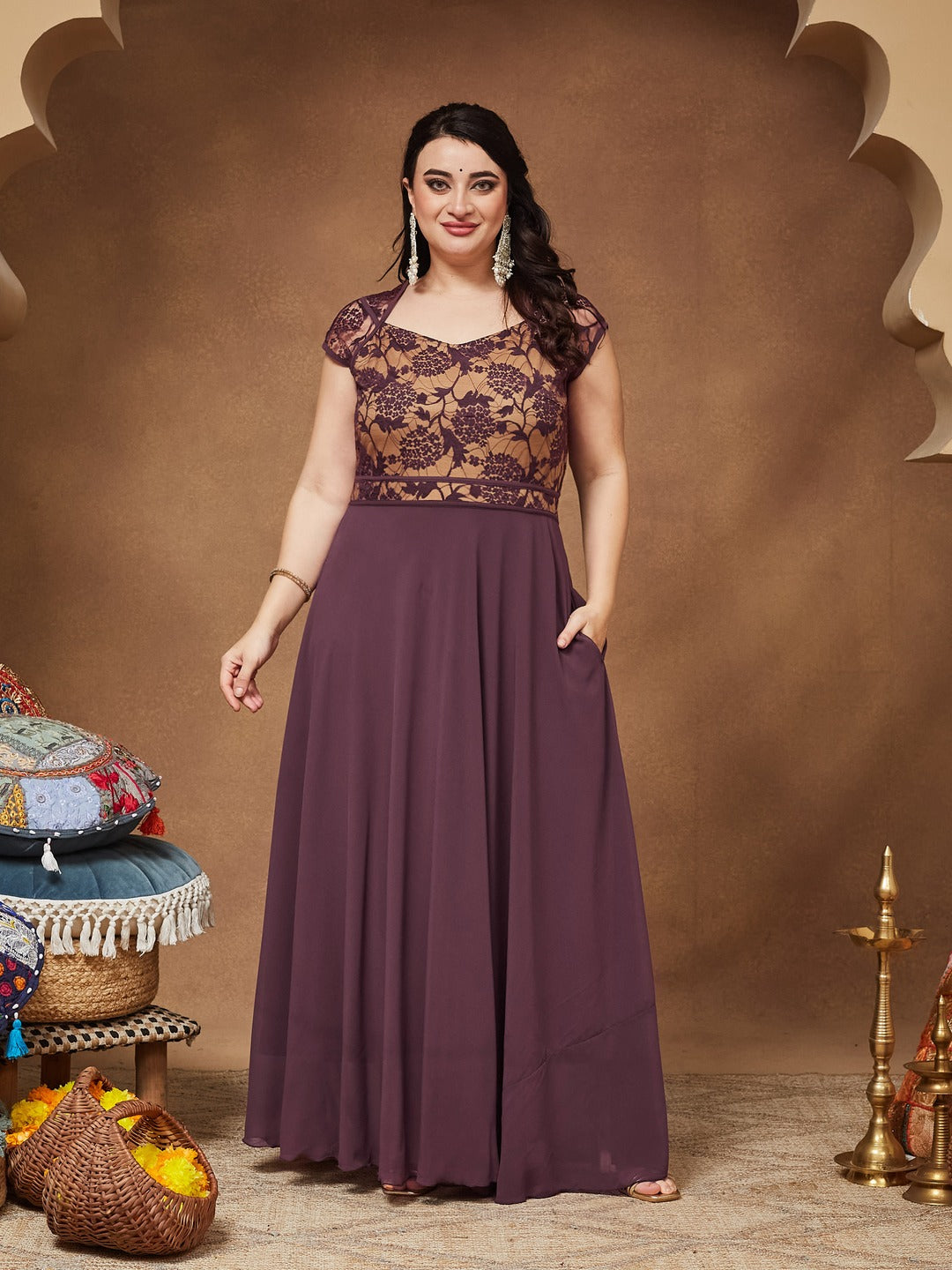 Mauve Sweetheart-Neck Raglan-Sleeve Self-Designed Fit & Flare Georgette Maxi Dress for Women