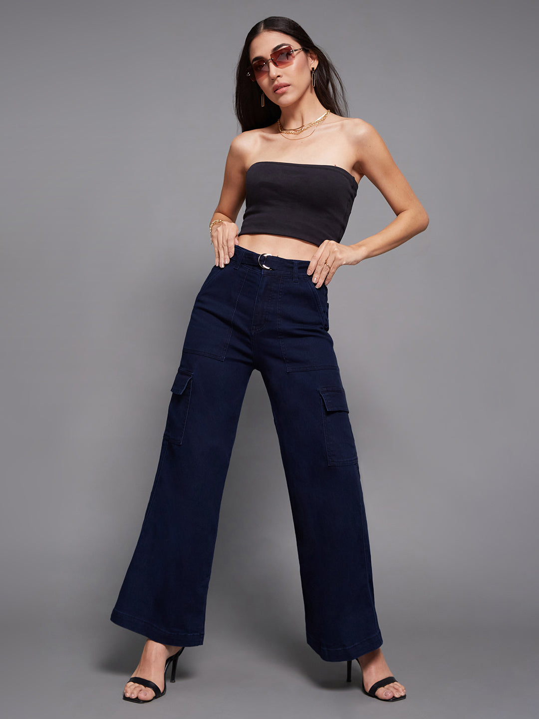 Women's Navy Blue Wide leg High rise Clean Look Regular Stretchable Cargo Denim Jeans